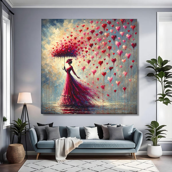 Tablou Canvas Premium, LuxCanva® E1072, Femeia si Ploaia de Inimi, Dragoste, Inima, Umbrela, Rochie, Ploaie, Plimbare, Visare, Sentimente, Feminitate, Sensibilitate, Living, Dormitor