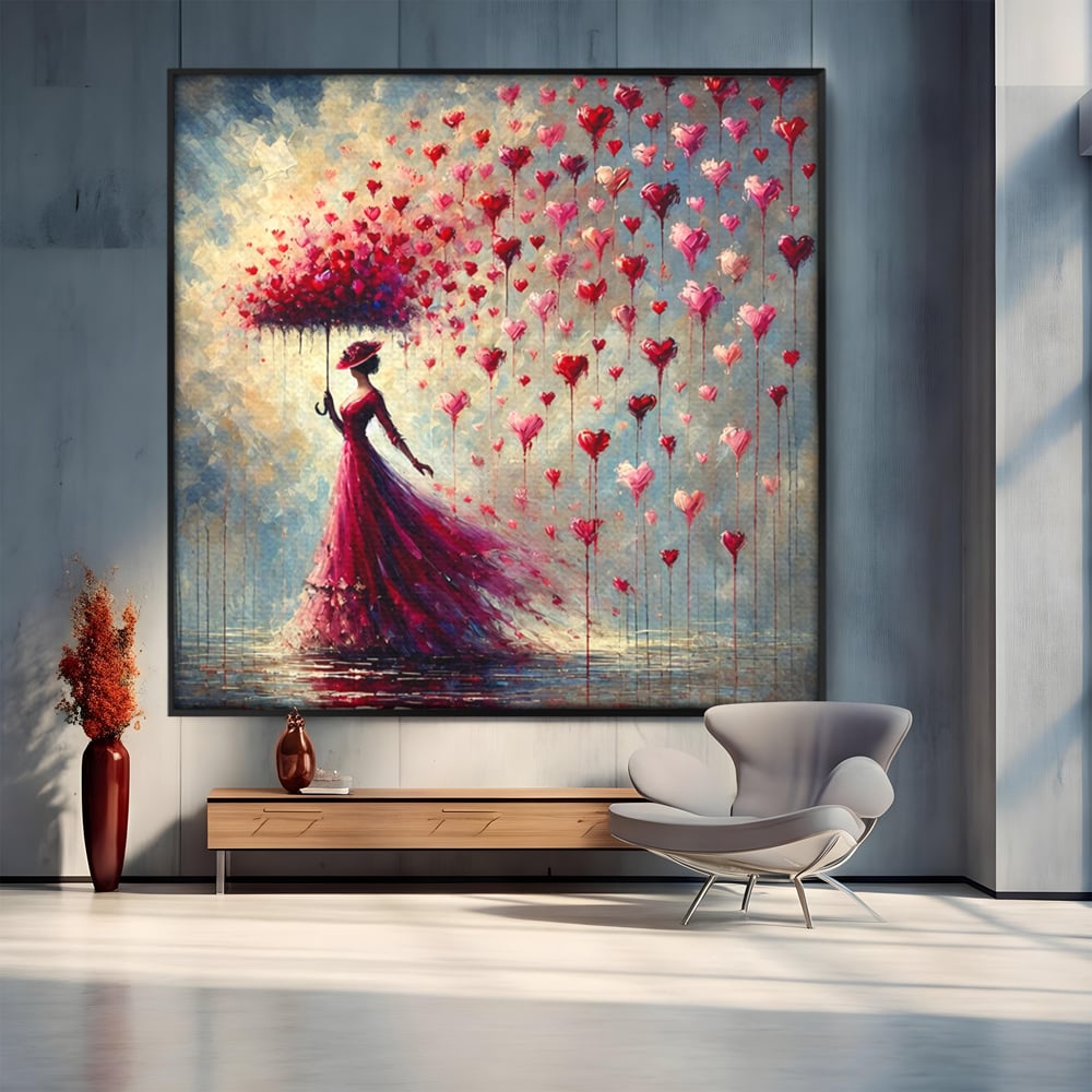 Tablou Canvas Premium, LuxCanva® E1072, Femeia si Ploaia de Inimi, Dragoste, Inima, Umbrela, Rochie, Ploaie, Plimbare, Visare, Sentimente, Feminitate, Sensibilitate, Living, Dormitor