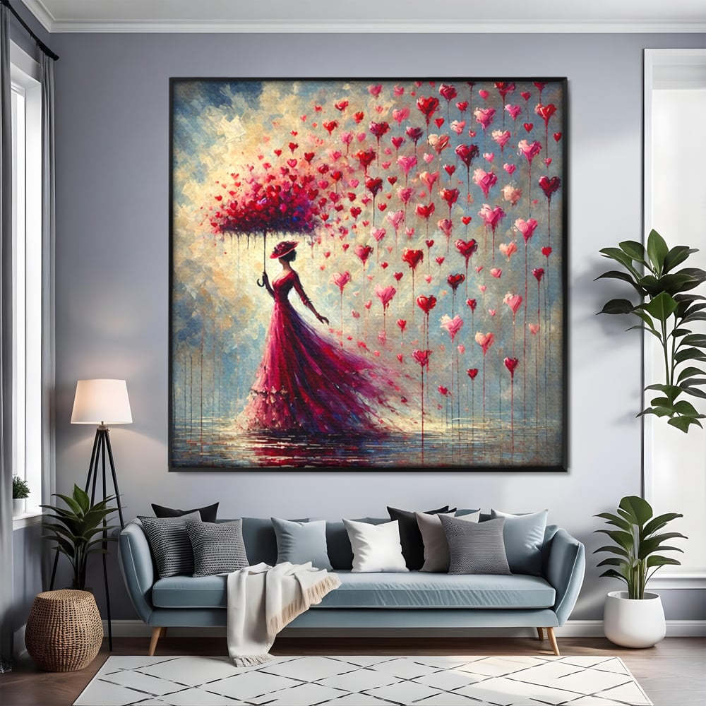 Tablou Canvas Premium, LuxCanva® E1072, Femeia si Ploaia de Inimi, Dragoste, Inima, Umbrela, Rochie, Ploaie, Plimbare, Visare, Sentimente, Feminitate, Sensibilitate, Living, Dormitor