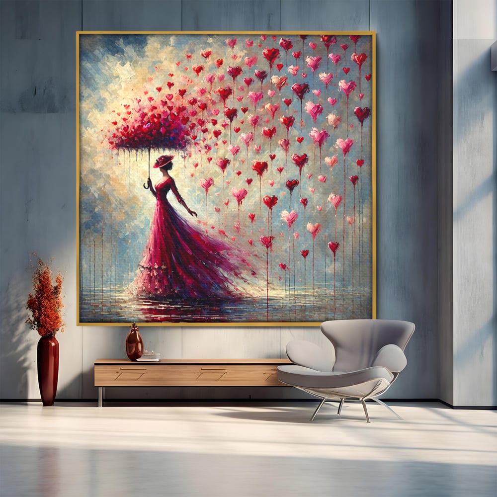 Tablou Canvas Premium, LuxCanva® E1072, Femeia si Ploaia de Inimi, Dragoste, Inima, Umbrela, Rochie, Ploaie, Plimbare, Visare, Sentimente, Feminitate, Sensibilitate, Living, Dormitor