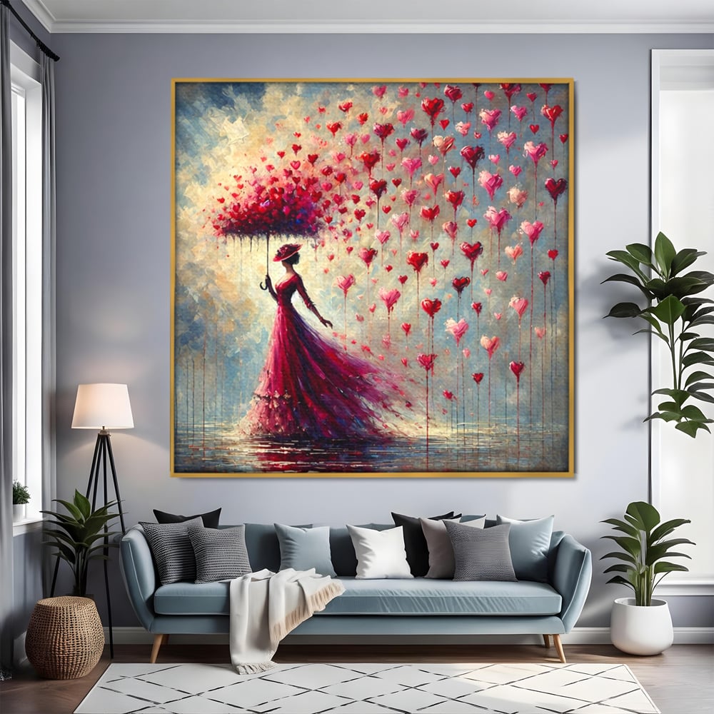 Tablou Canvas Premium, LuxCanva® E1072, Femeia si Ploaia de Inimi, Dragoste, Inima, Umbrela, Rochie, Ploaie, Plimbare, Visare, Sentimente, Feminitate, Sensibilitate, Living, Dormitor