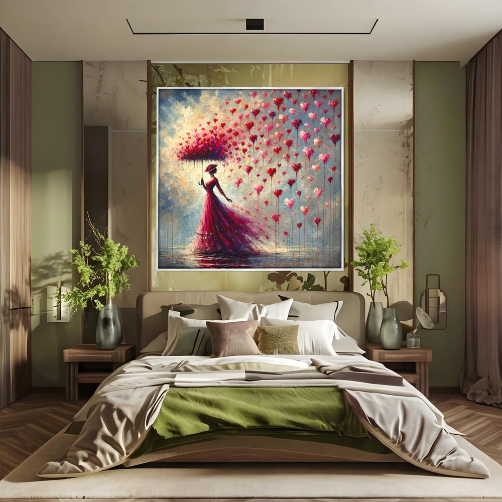 Tablou Canvas Premium, LuxCanva® E1072, Femeia si Ploaia de Inimi, Dragoste, Inima, Umbrela, Rochie, Ploaie, Plimbare, Visare, Sentimente, Feminitate, Sensibilitate, Living, Dormitor