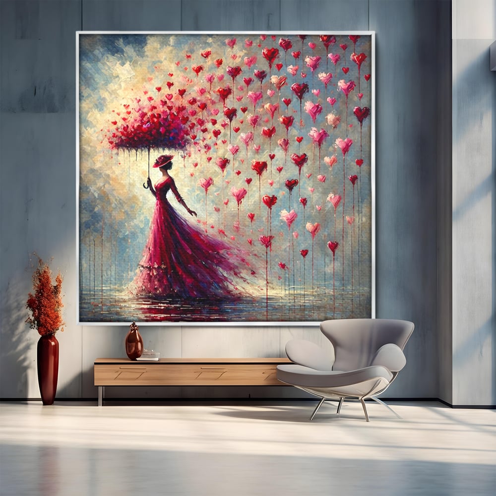 Tablou Canvas Premium, LuxCanva® E1072, Femeia si Ploaia de Inimi, Dragoste, Inima, Umbrela, Rochie, Ploaie, Plimbare, Visare, Sentimente, Feminitate, Sensibilitate, Living, Dormitor