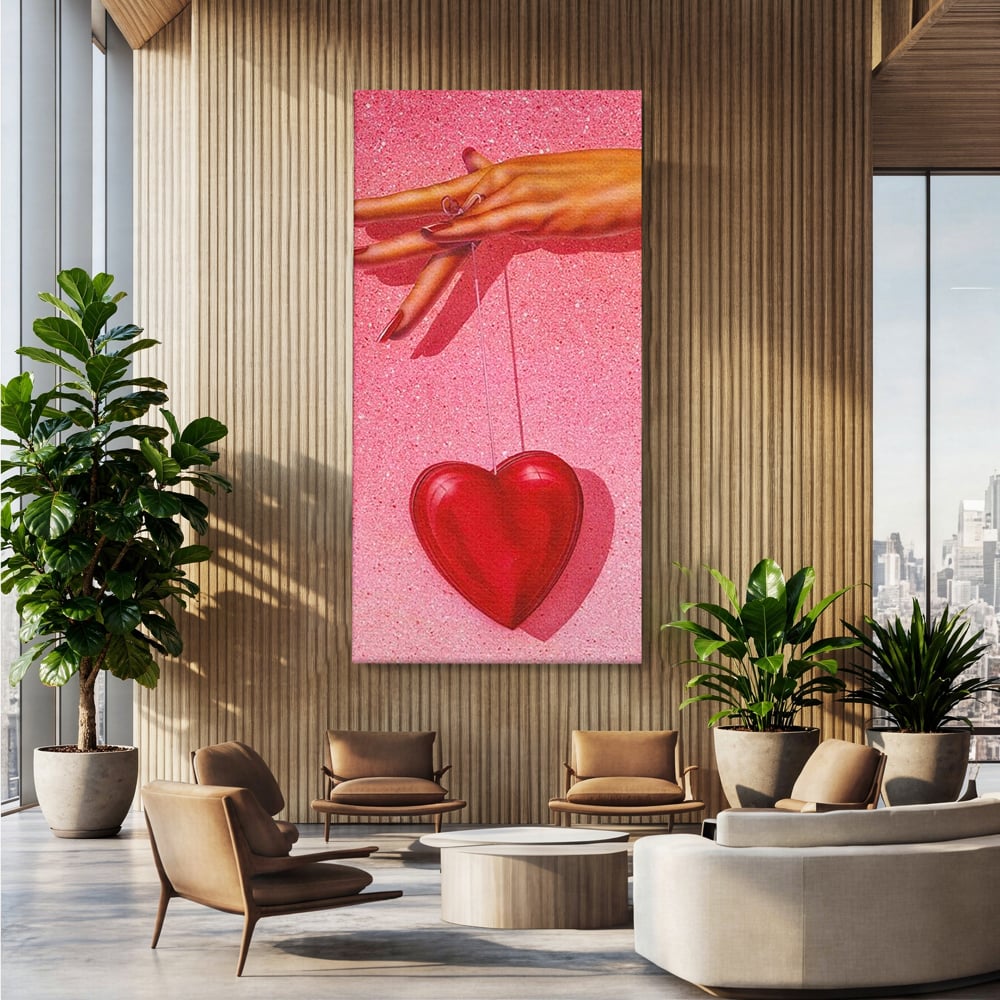 Tablou Canvas Premium, LuxCanva® E1081, Firul Dragostei, Dragoste, Inima, Roz, Fir, Atarnat, Mana, Degete, Daruire, Iubire, Valentine’s Day, Catifea, Promisiune, Living, Dormitor