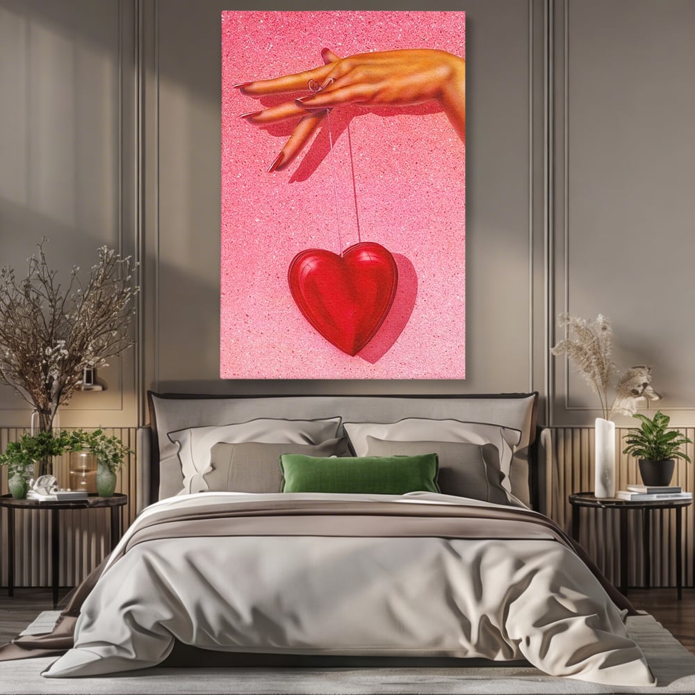 Tablou Canvas Premium, LuxCanva® E1081, Firul Dragostei, Dragoste, Inima, Roz, Fir, Atarnat, Mana, Degete, Daruire, Iubire, Valentine’s Day, Catifea, Promisiune, Living, Dormitor