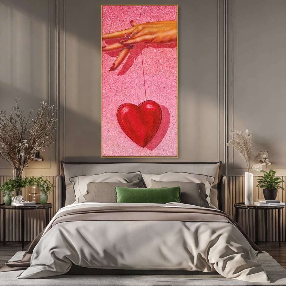Tablou Canvas Premium, LuxCanva® E1081, Firul Dragostei, Dragoste, Inima, Roz, Fir, Atarnat, Mana, Degete, Daruire, Iubire, Valentine’s Day, Catifea, Promisiune, Living, Dormitor