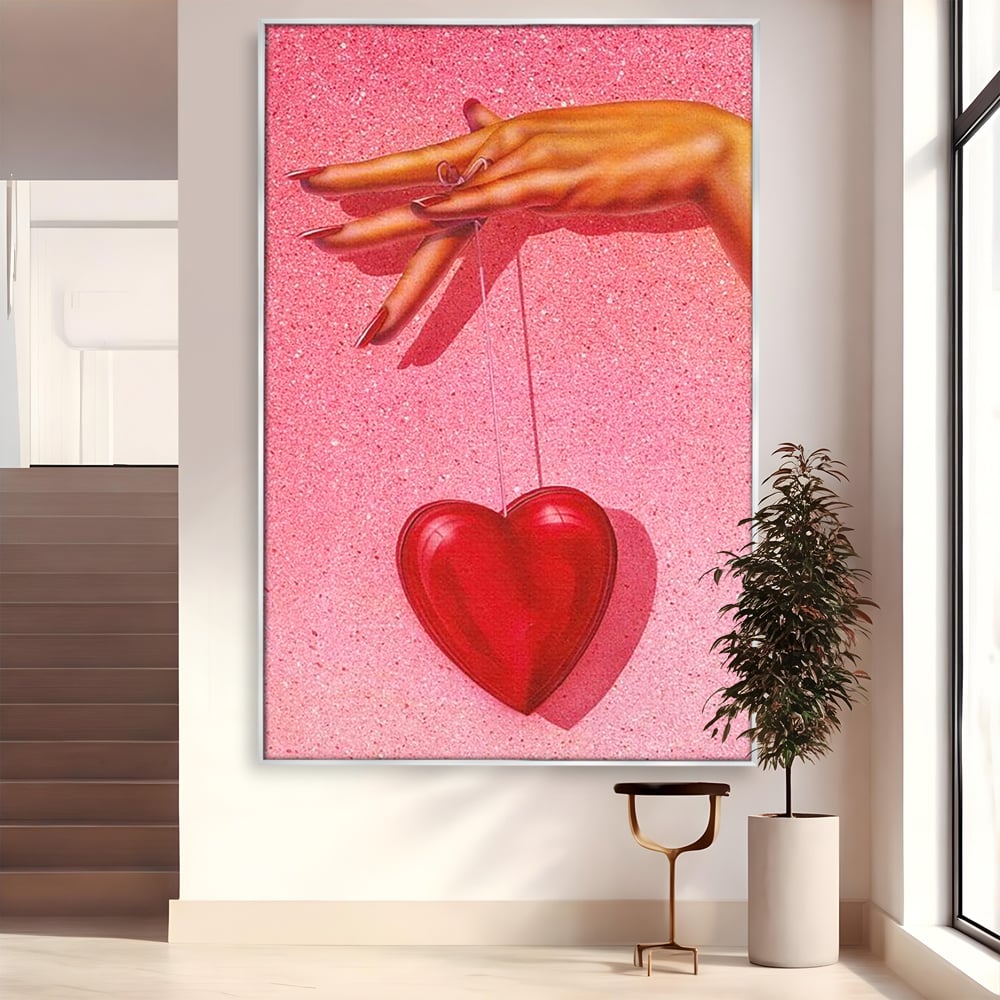 Tablou Canvas Premium, LuxCanva® E1081, Firul Dragostei, Dragoste, Inima, Roz, Fir, Atarnat, Mana, Degete, Daruire, Iubire, Valentine’s Day, Catifea, Promisiune, Living, Dormitor