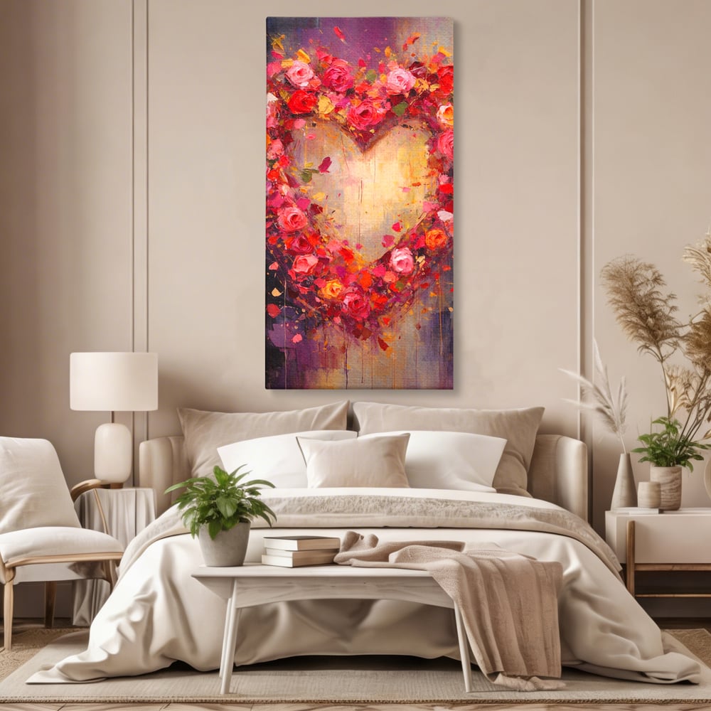 Tablou Canvas Premium, LuxCanva® E1082, Inima din Trandafiri, Dragoste, Inima, Roz, Flori, Coronita, Iubire, Valentine’s Day, Buchet, Promisiune, Daruire, Living, Dormitor