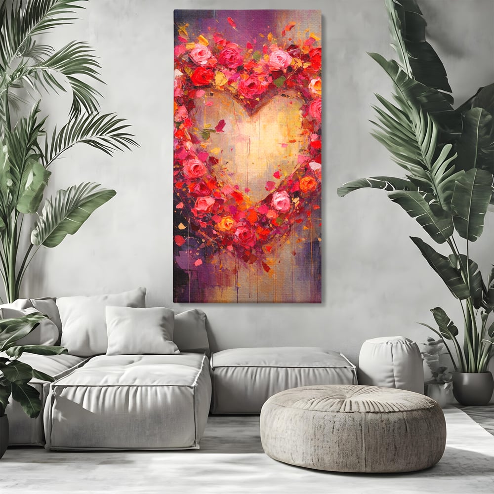 Tablou Canvas Premium, LuxCanva® E1082, Inima din Trandafiri, Dragoste, Inima, Roz, Flori, Coronita, Iubire, Valentine’s Day, Buchet, Promisiune, Daruire, Living, Dormitor