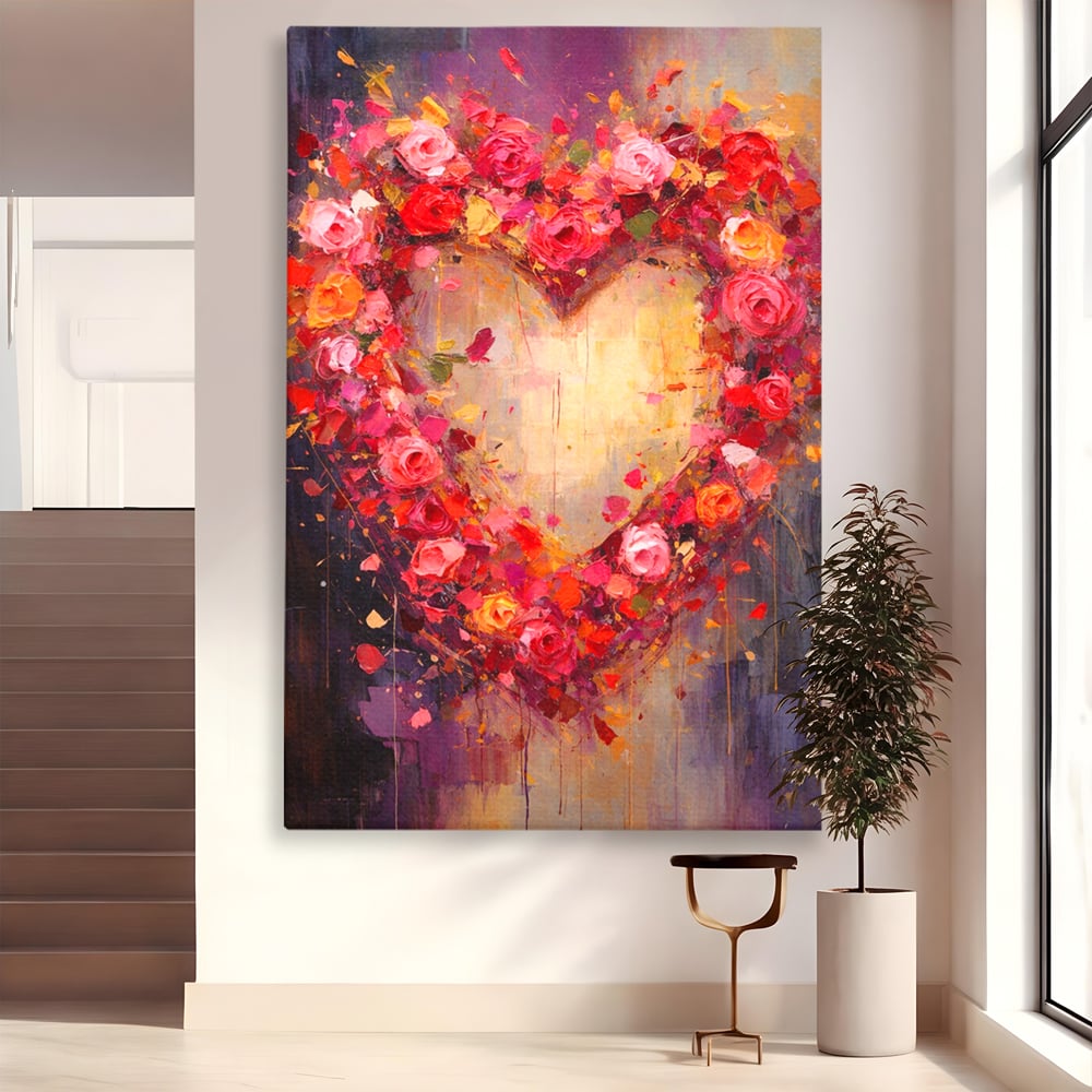 Tablou Canvas Premium, LuxCanva® E1082, Inima din Trandafiri, Dragoste, Inima, Roz, Flori, Coronita, Iubire, Valentine’s Day, Buchet, Promisiune, Daruire, Living, Dormitor