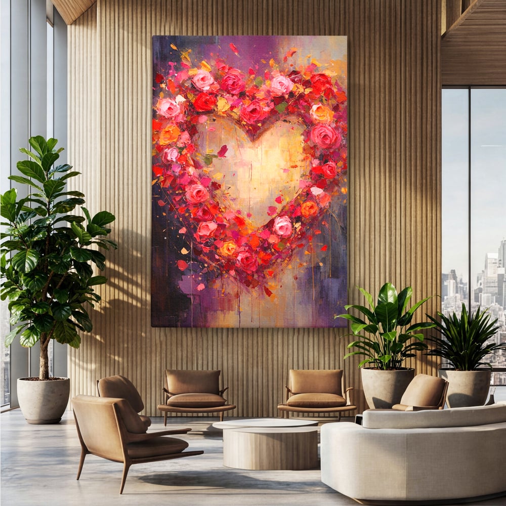 Tablou Canvas Premium, LuxCanva® E1082, Inima din Trandafiri, Dragoste, Inima, Roz, Flori, Coronita, Iubire, Valentine’s Day, Buchet, Promisiune, Daruire, Living, Dormitor