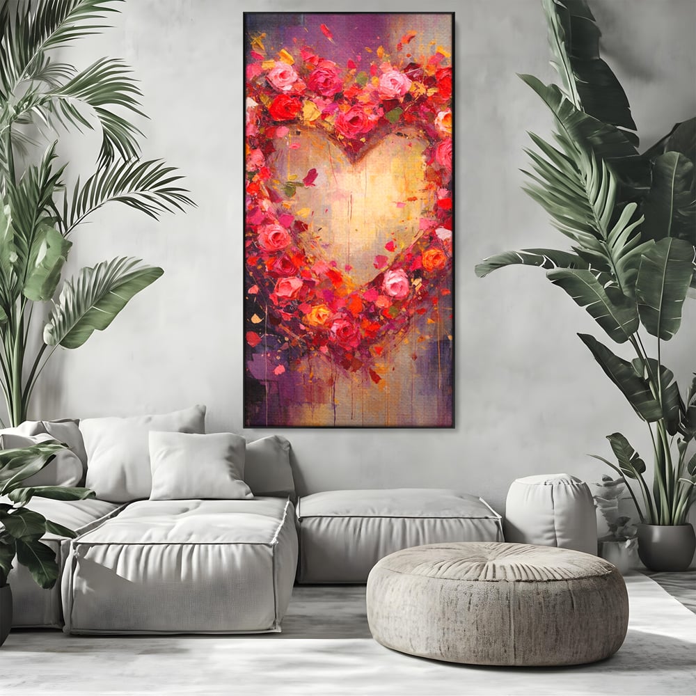 Tablou Canvas Premium, LuxCanva® E1082, Inima din Trandafiri, Dragoste, Inima, Roz, Flori, Coronita, Iubire, Valentine’s Day, Buchet, Promisiune, Daruire, Living, Dormitor