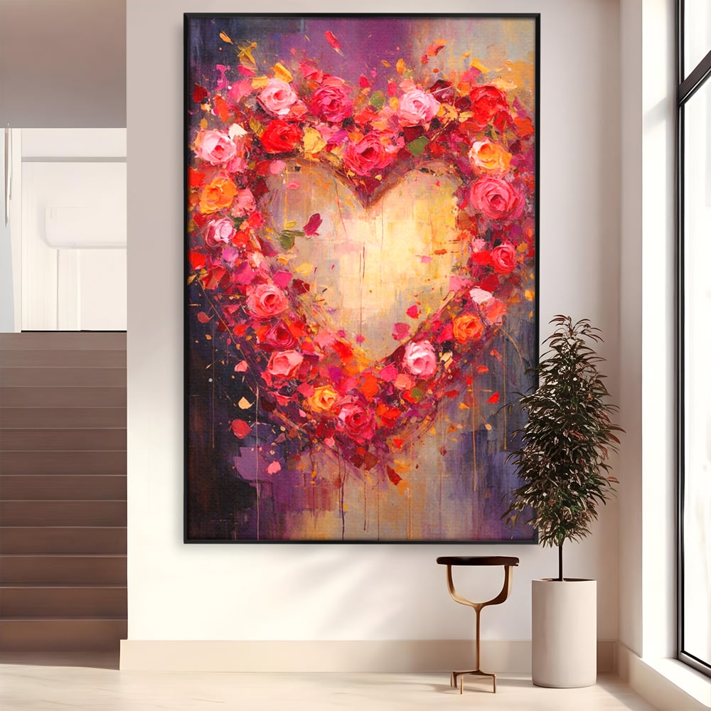Tablou Canvas Premium, LuxCanva® E1082, Inima din Trandafiri, Dragoste, Inima, Roz, Flori, Coronita, Iubire, Valentine’s Day, Buchet, Promisiune, Daruire, Living, Dormitor