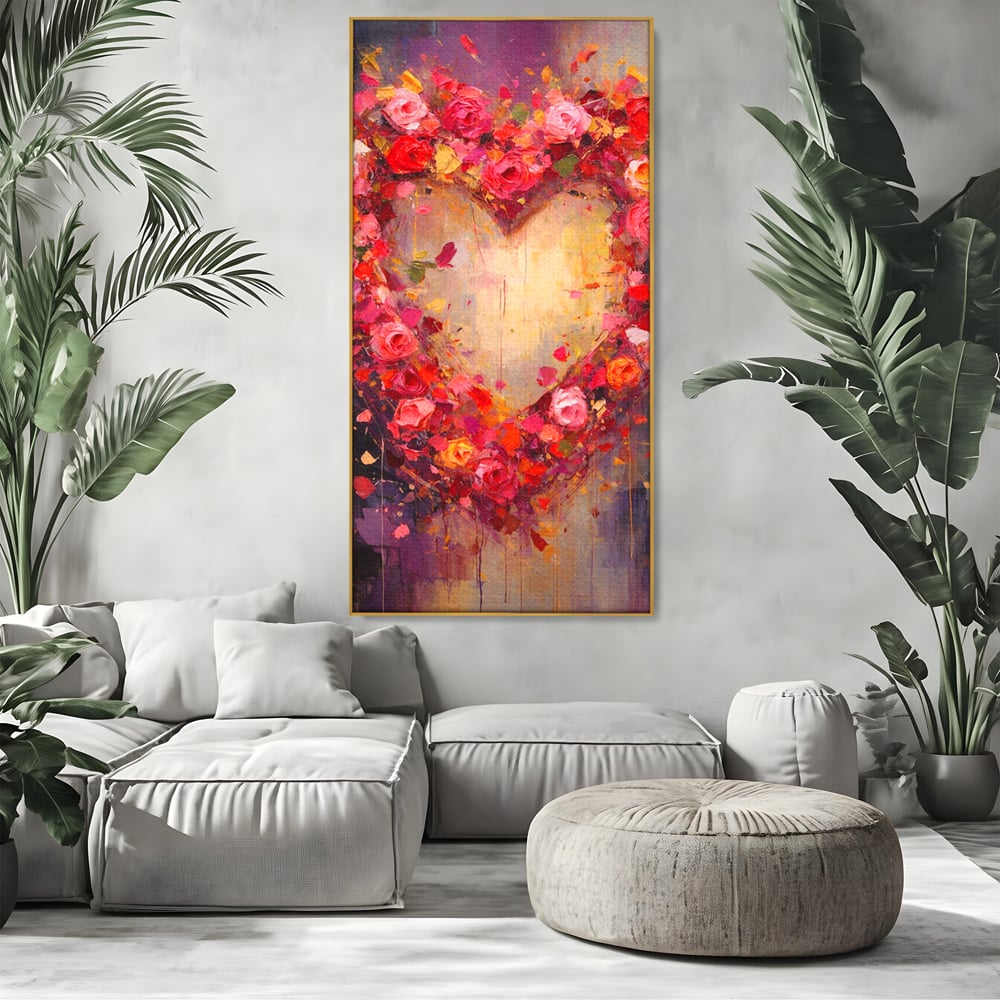 Tablou Canvas Premium, LuxCanva® E1082, Inima din Trandafiri, Dragoste, Inima, Roz, Flori, Coronita, Iubire, Valentine’s Day, Buchet, Promisiune, Daruire, Living, Dormitor