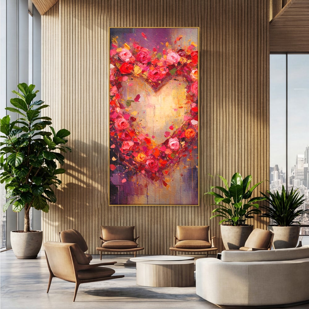 Tablou Canvas Premium, LuxCanva® E1082, Inima din Trandafiri, Dragoste, Inima, Roz, Flori, Coronita, Iubire, Valentine’s Day, Buchet, Promisiune, Daruire, Living, Dormitor