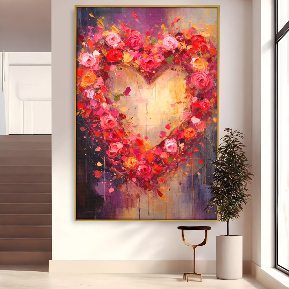 Tablou Canvas Premium, LuxCanva® E1082, Inima din Trandafiri, Dragoste, Inima, Roz, Flori, Coronita, Iubire, Valentine’s Day, Buchet, Promisiune, Daruire, Living, Dormitor