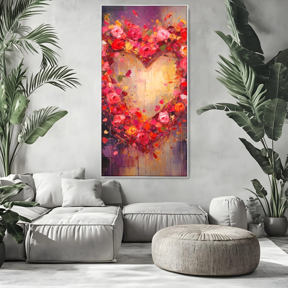 Tablou Canvas Premium, LuxCanva® E1082, Inima din Trandafiri, Dragoste, Inima, Roz, Flori, Coronita, Iubire, Valentine’s Day, Buchet, Promisiune, Daruire, Living, Dormitor