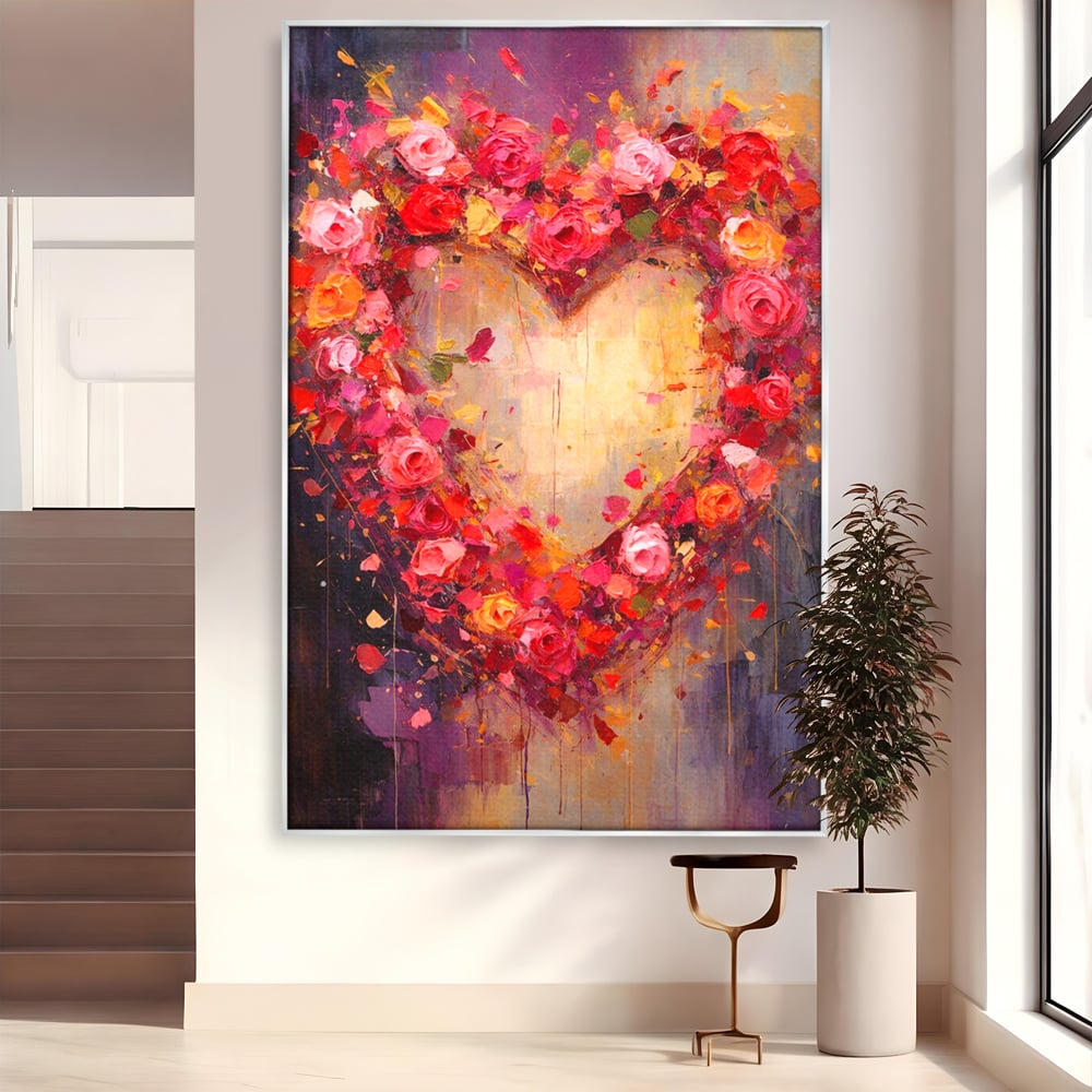 Tablou Canvas Premium, LuxCanva® E1082, Inima din Trandafiri, Dragoste, Inima, Roz, Flori, Coronita, Iubire, Valentine’s Day, Buchet, Promisiune, Daruire, Living, Dormitor