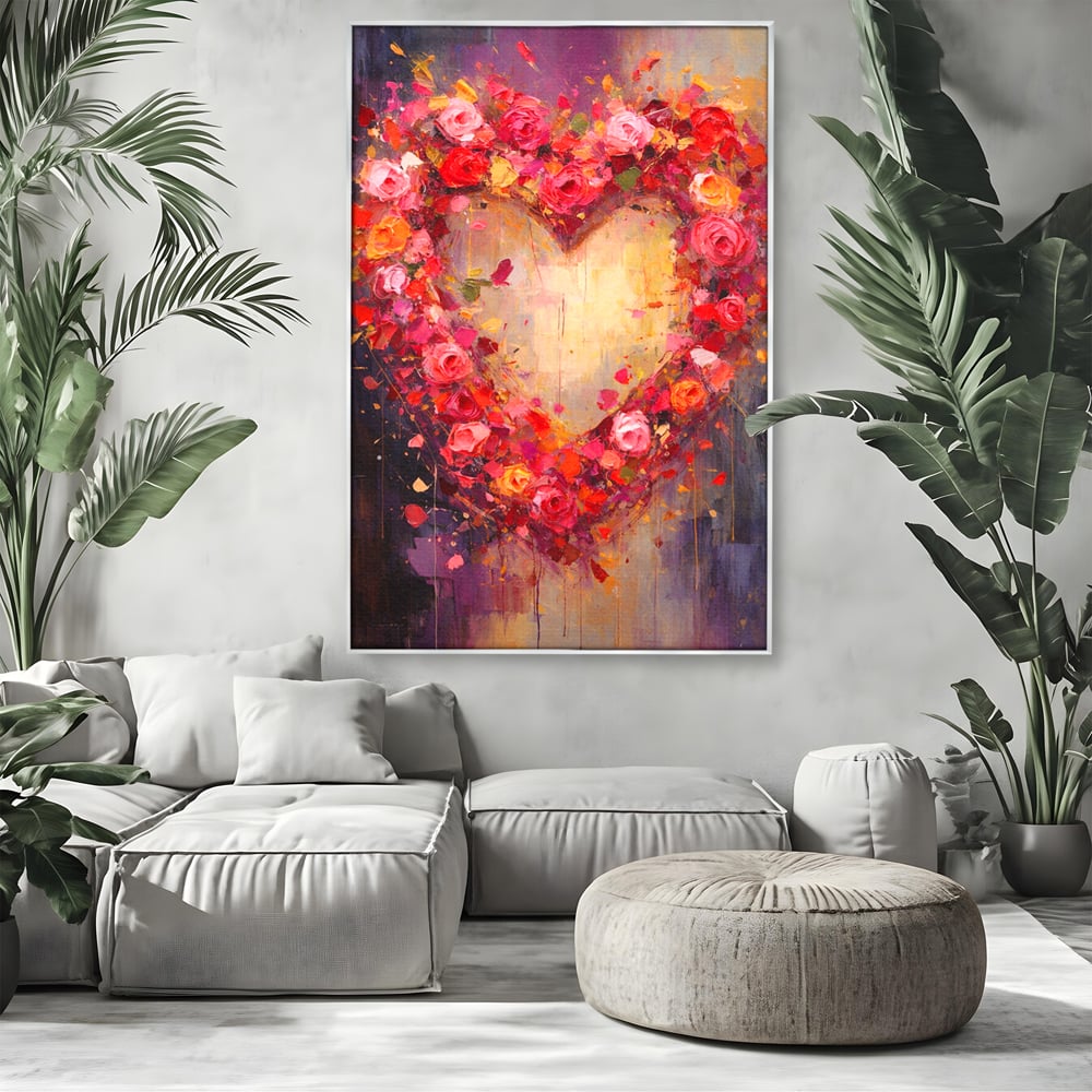 Tablou Canvas Premium, LuxCanva® E1082, Inima din Trandafiri, Dragoste, Inima, Roz, Flori, Coronita, Iubire, Valentine’s Day, Buchet, Promisiune, Daruire, Living, Dormitor