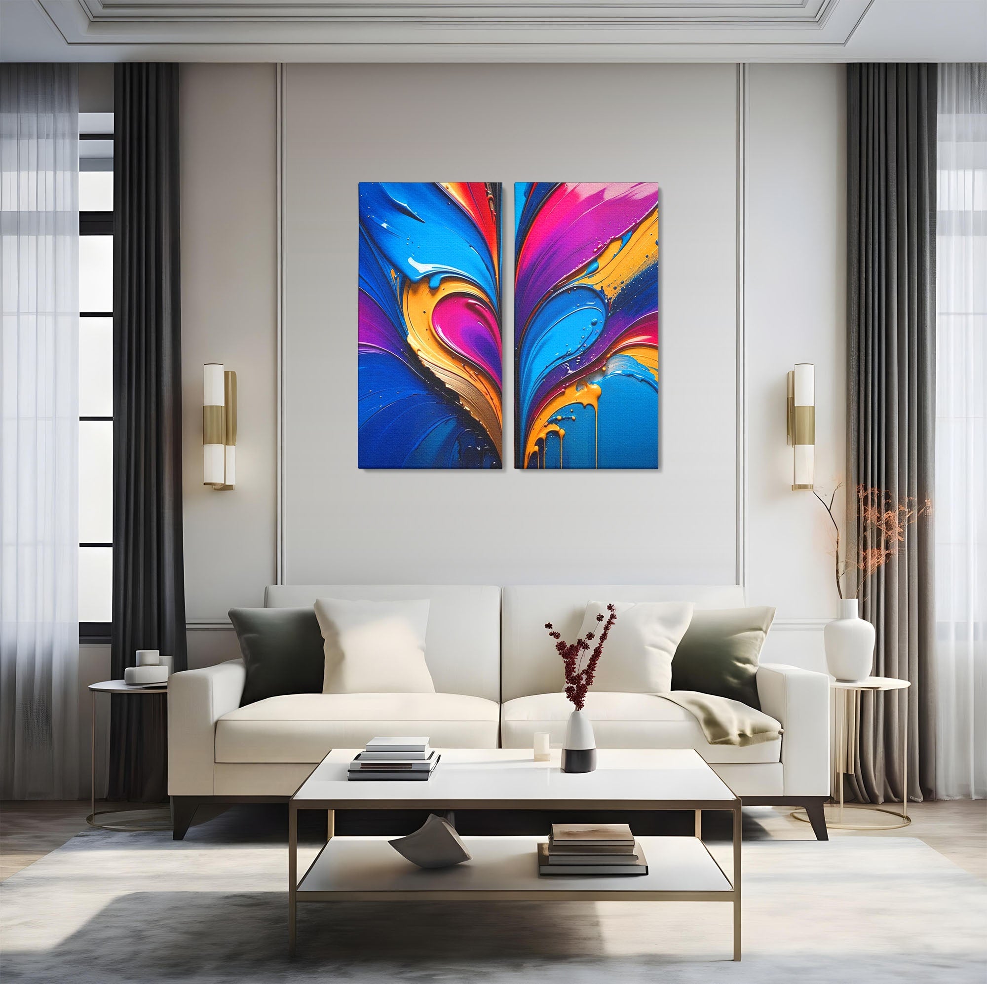 Set 2 Tablouri Canvas Premium LuxCanva® E2-1040, Aripile Vietii, Abstract, Fluid, Texturat, Aripi, Calm, Living Room, Culori vibrante