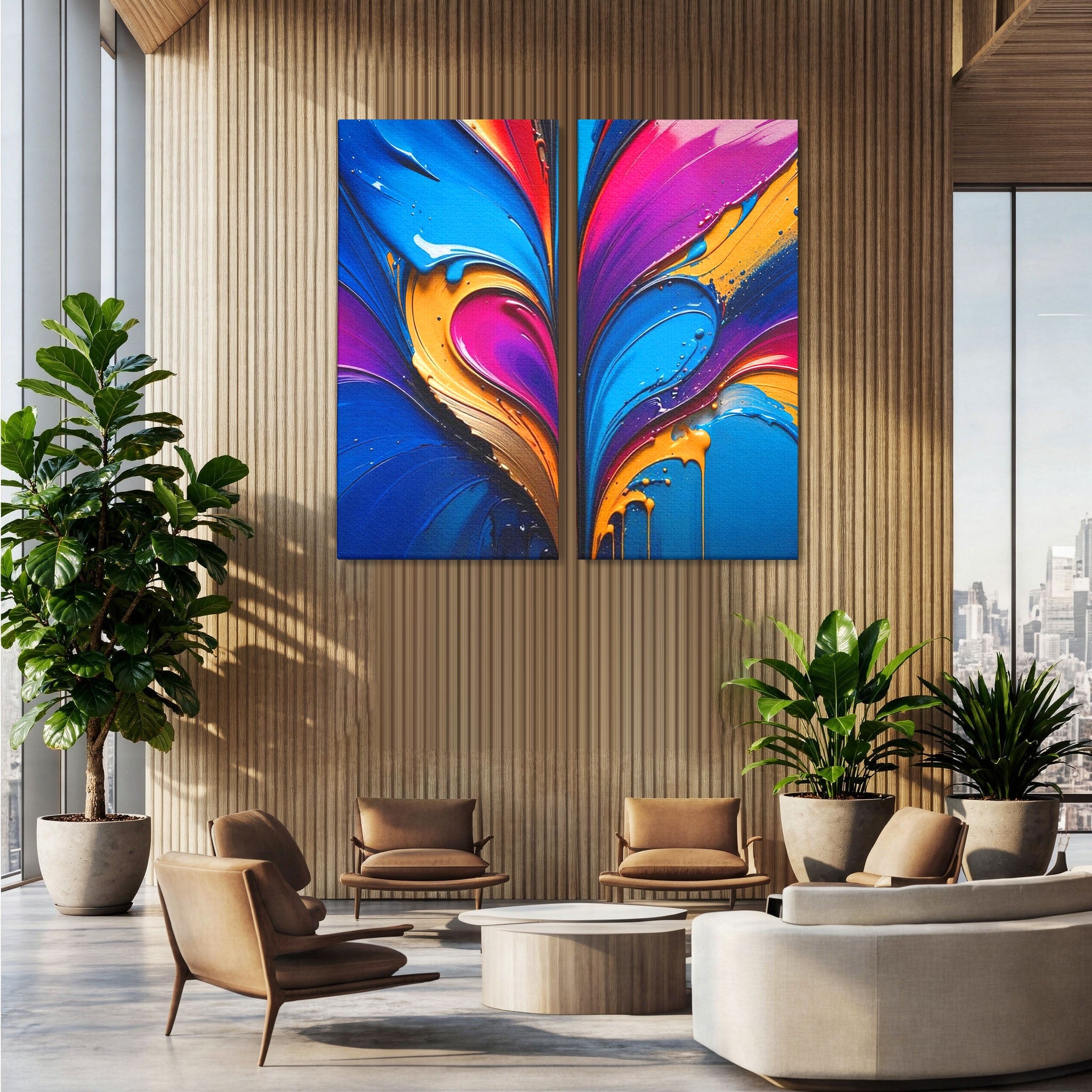 Set 2 Tablouri Canvas Premium LuxCanva® E2-1040, Aripile Vietii, Abstract, Fluid, Texturat, Aripi, Calm, Living Room, Culori vibrante