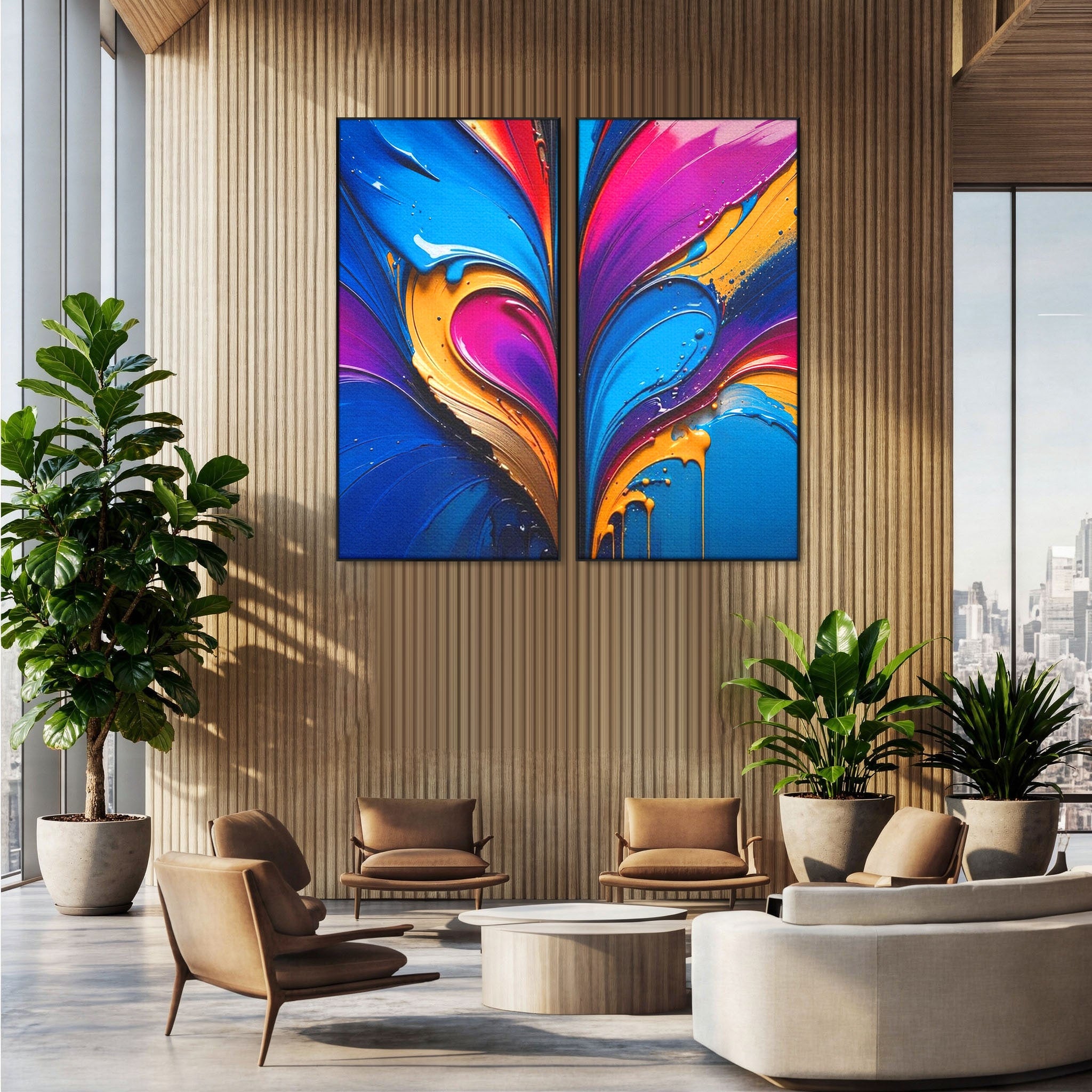 Set 2 Tablouri Canvas Premium LuxCanva® E2-1040, Aripile Vietii, Abstract, Fluid, Texturat, Aripi, Calm, Living Room, Culori vibrante