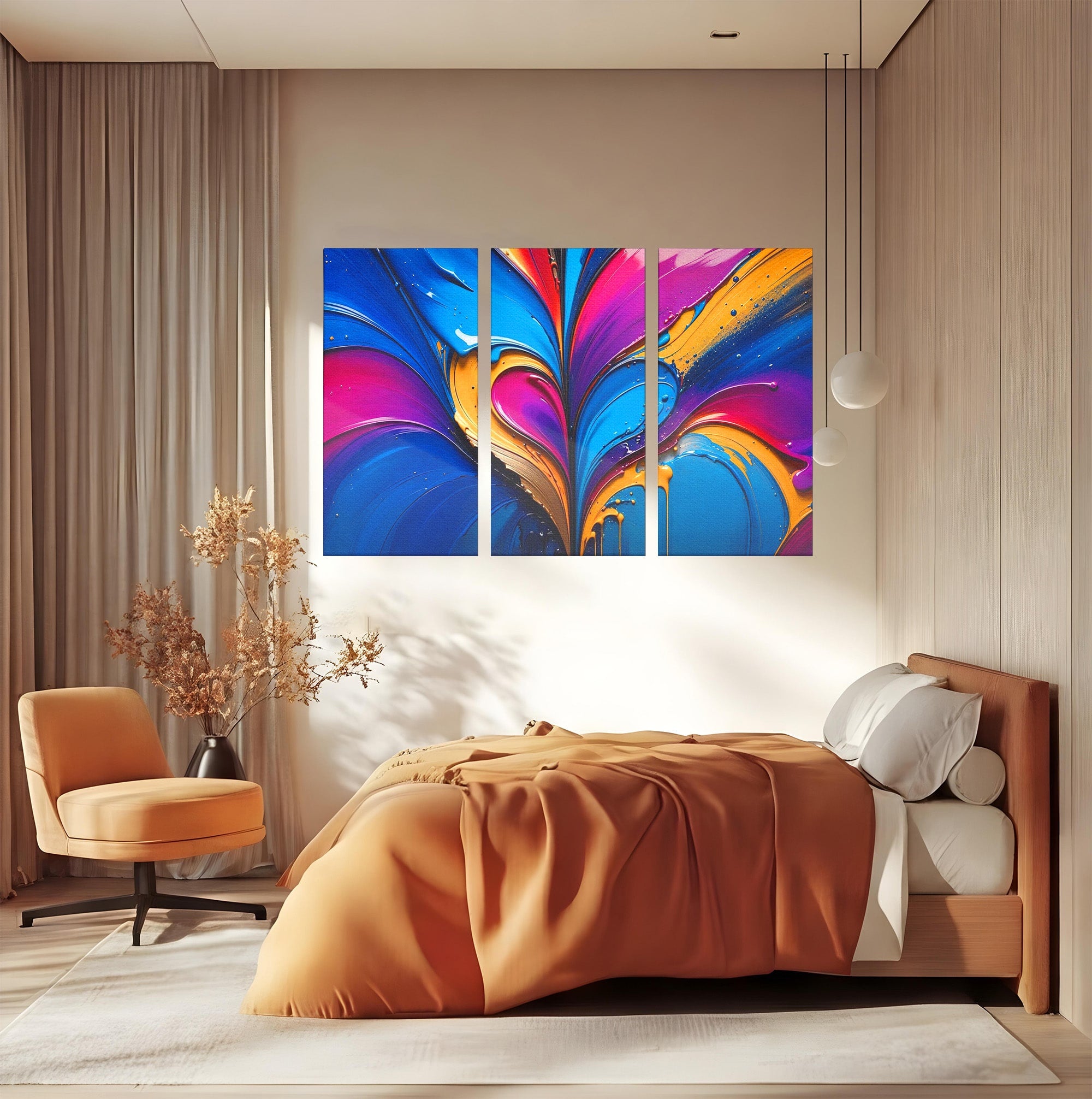 Set 3 Tablouri Canvas Premium LuxCanva® E3-1040, Aripile Vietii, Abstract, Fluid, Texturat, Aripi, Calm, Living Room, Culori vibrante