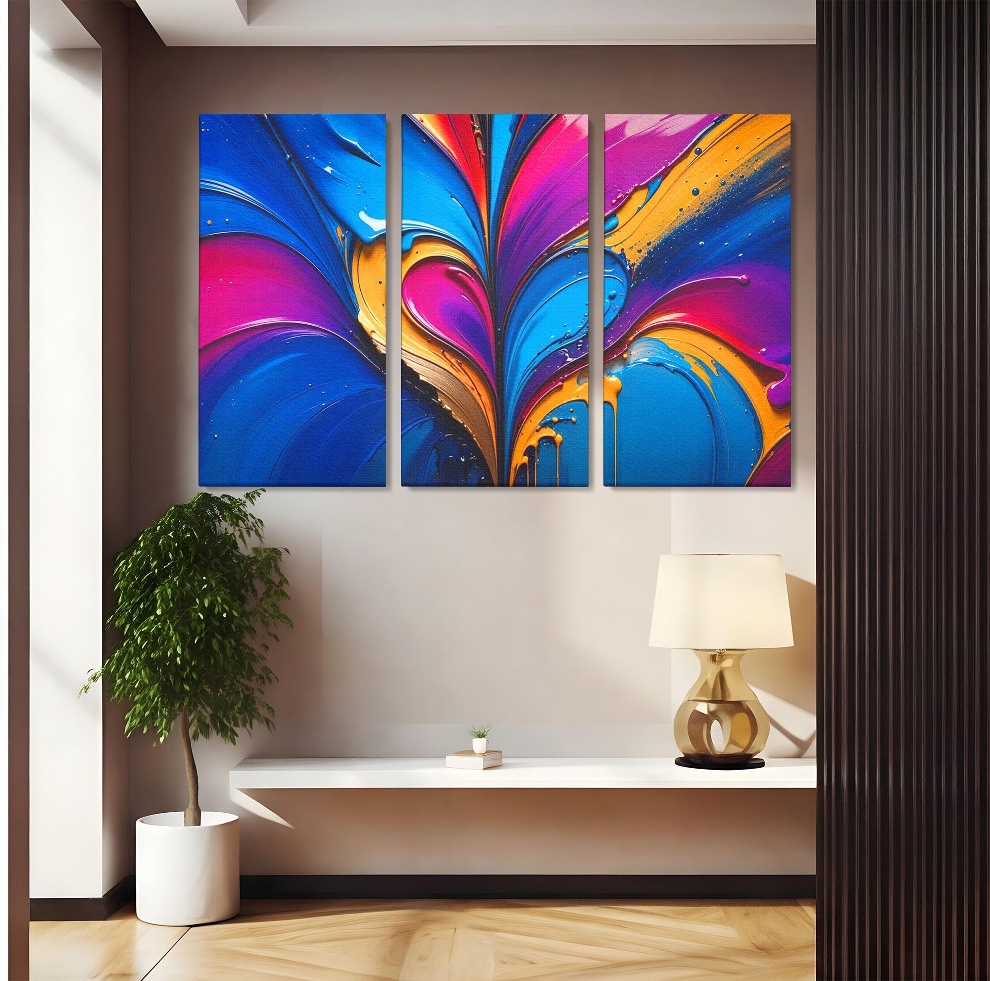 Set 3 Tablouri Canvas Premium LuxCanva® E3-1040, Aripile Vietii, Abstract, Fluid, Texturat, Aripi, Calm, Living Room, Culori vibrante