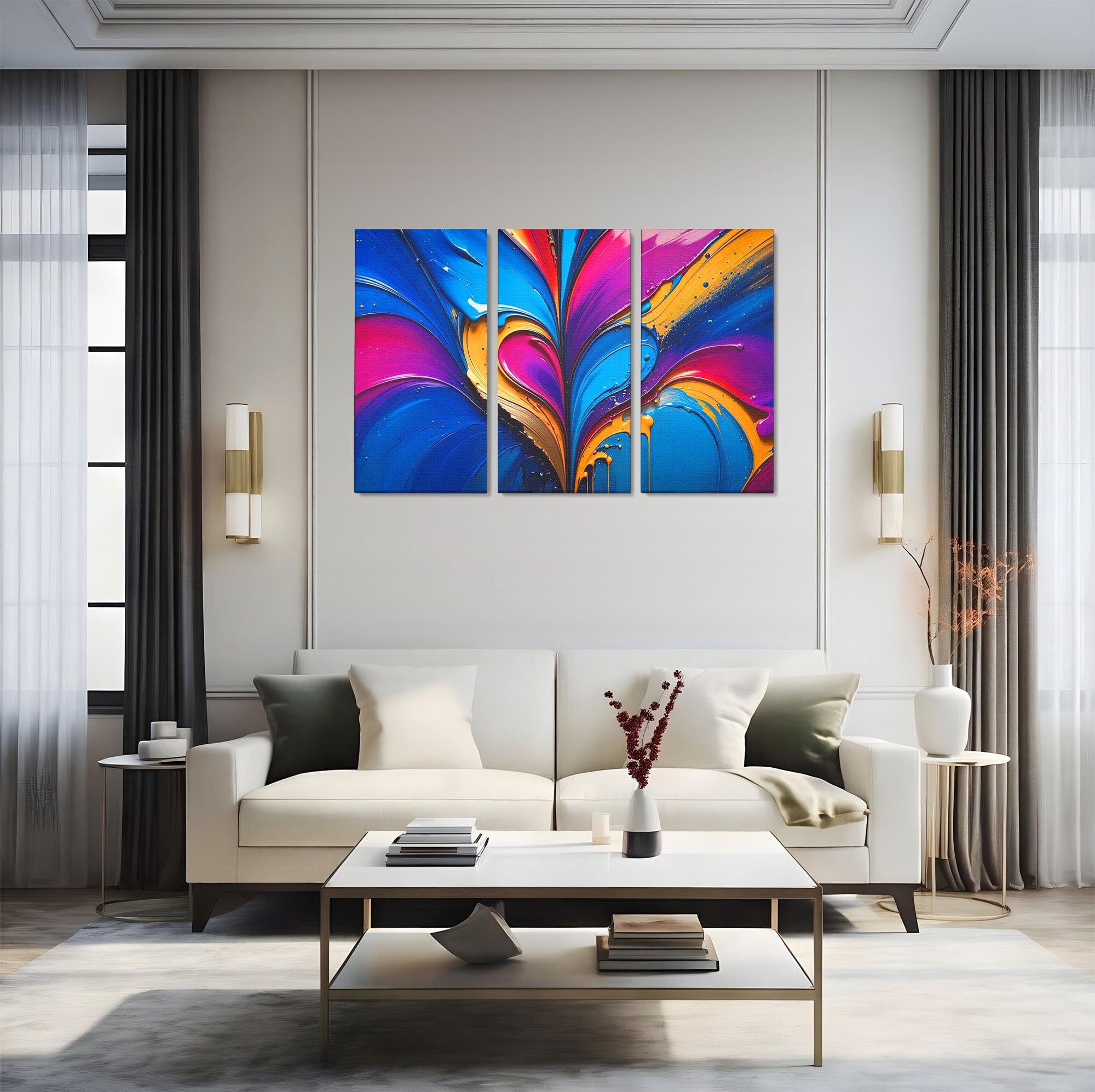Set 3 Tablouri Canvas Premium LuxCanva® E3-1040, Aripile Vietii, Abstract, Fluid, Texturat, Aripi, Calm, Living Room, Culori vibrante