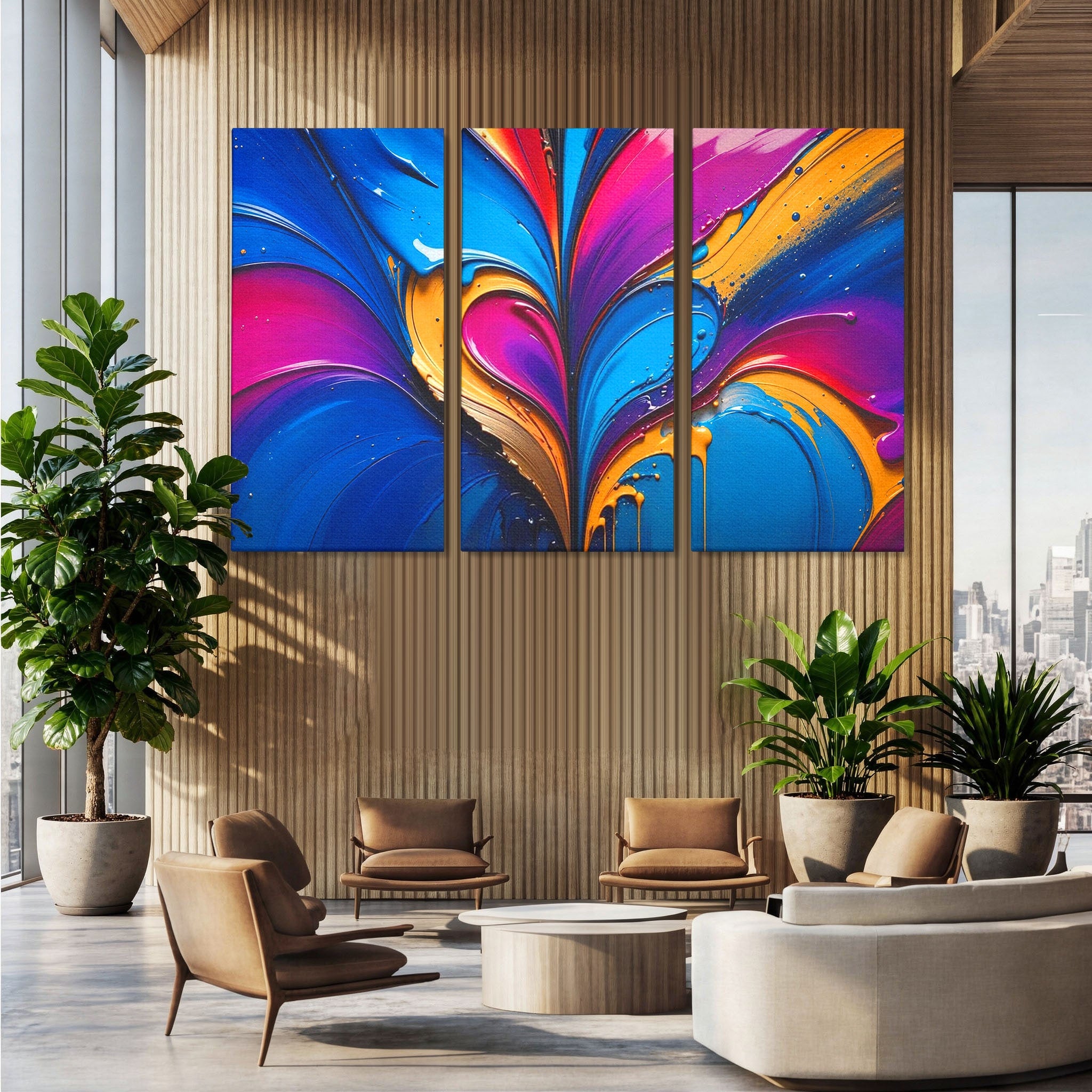 Set 3 Tablouri Canvas Premium LuxCanva® E3-1040, Aripile Vietii, Abstract, Fluid, Texturat, Aripi, Calm, Living Room, Culori vibrante