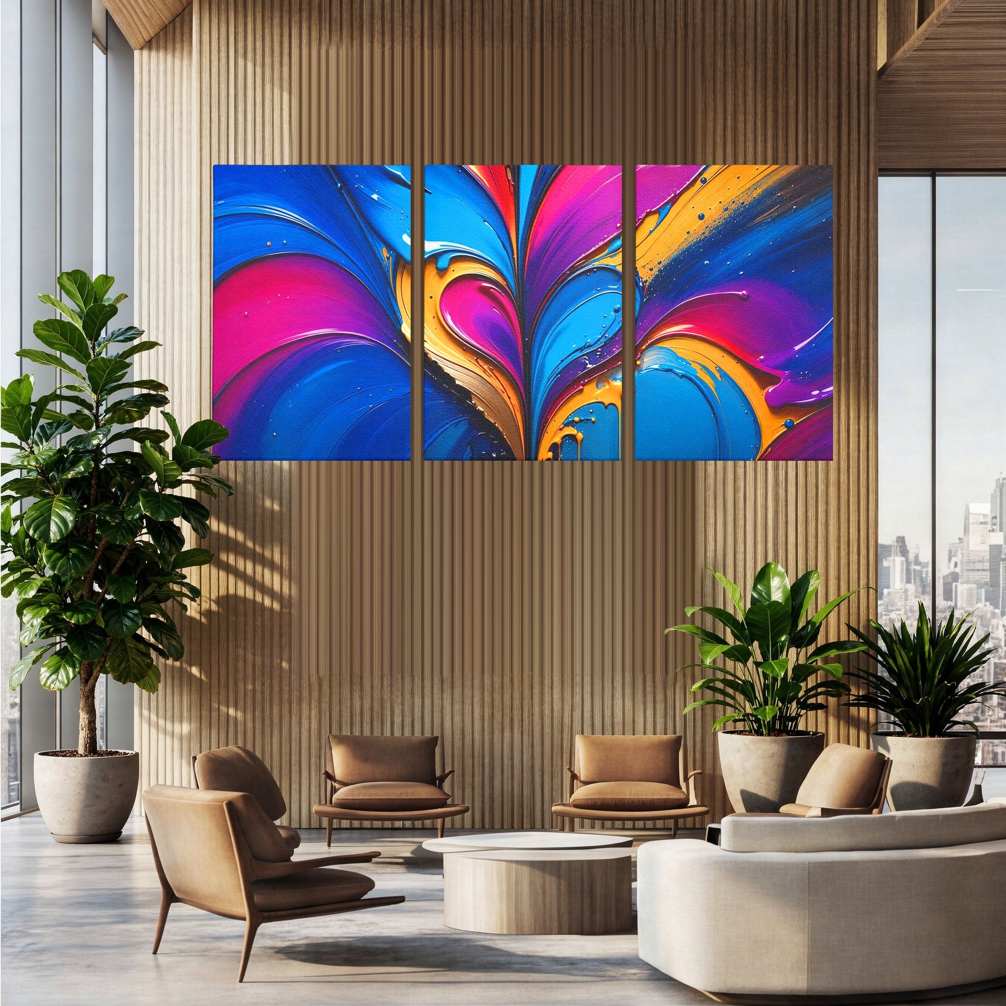 Set 3 Tablouri Canvas Premium LuxCanva® E3-1040, Aripile Vietii, Abstract, Fluid, Texturat, Aripi, Calm, Living Room, Culori vibrante