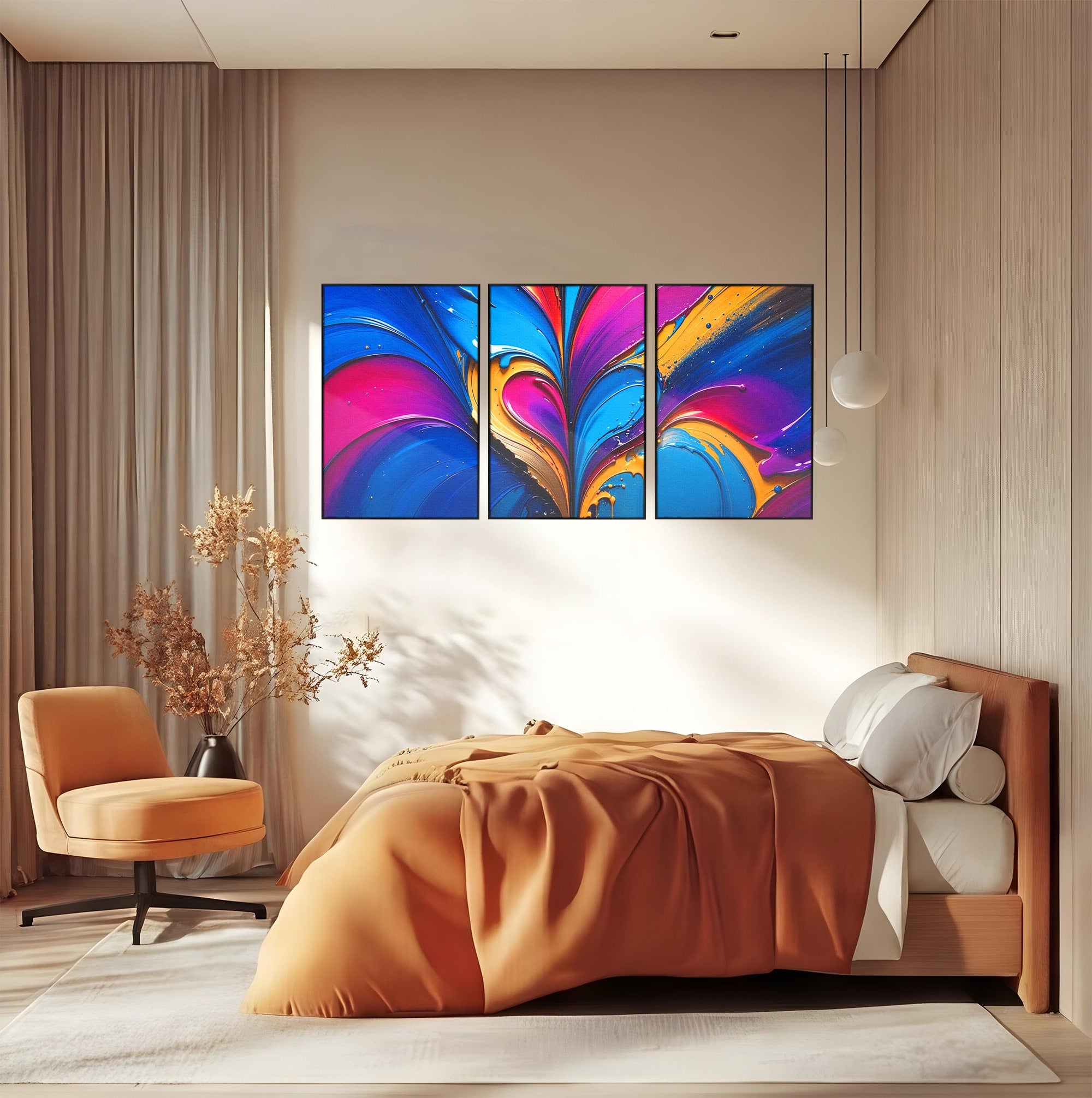Set 3 Tablouri Canvas Premium LuxCanva® E3-1040, Aripile Vietii, Abstract, Fluid, Texturat, Aripi, Calm, Living Room, Culori vibrante