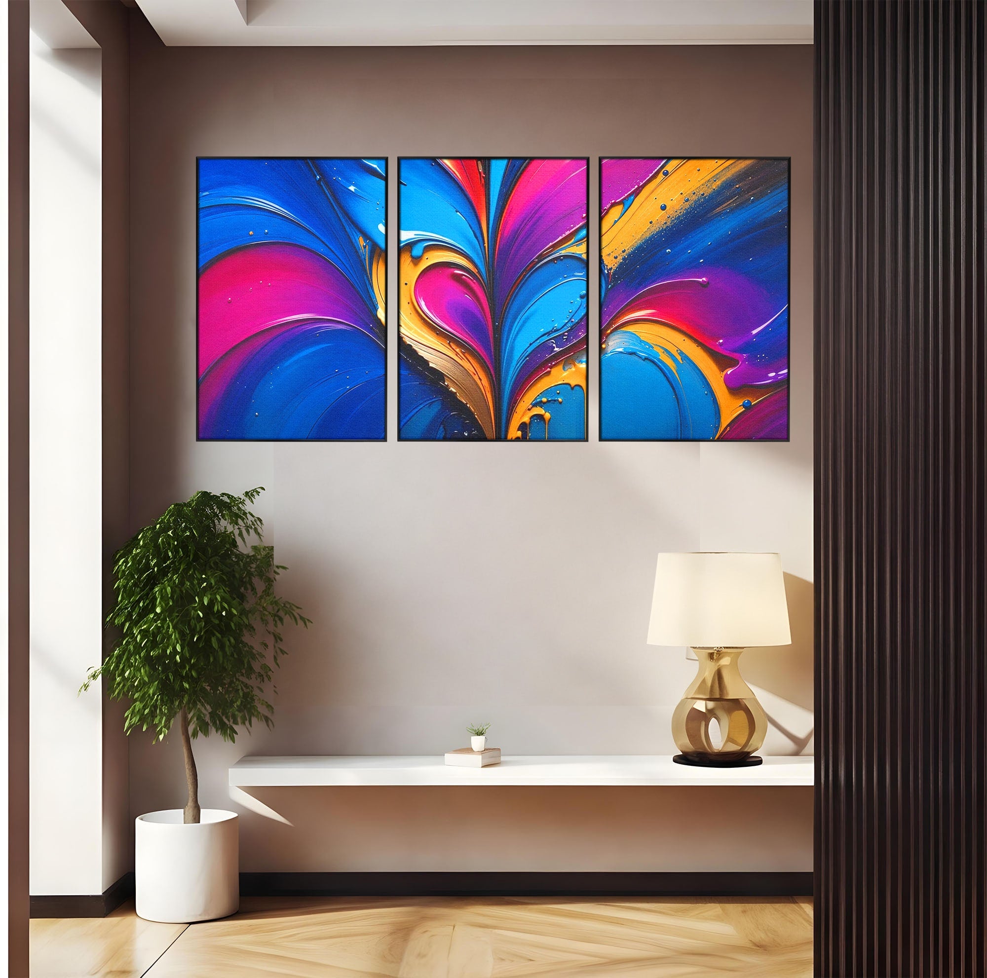 Set 3 Tablouri Canvas Premium LuxCanva® E3-1040, Aripile Vietii, Abstract, Fluid, Texturat, Aripi, Calm, Living Room, Culori vibrante
