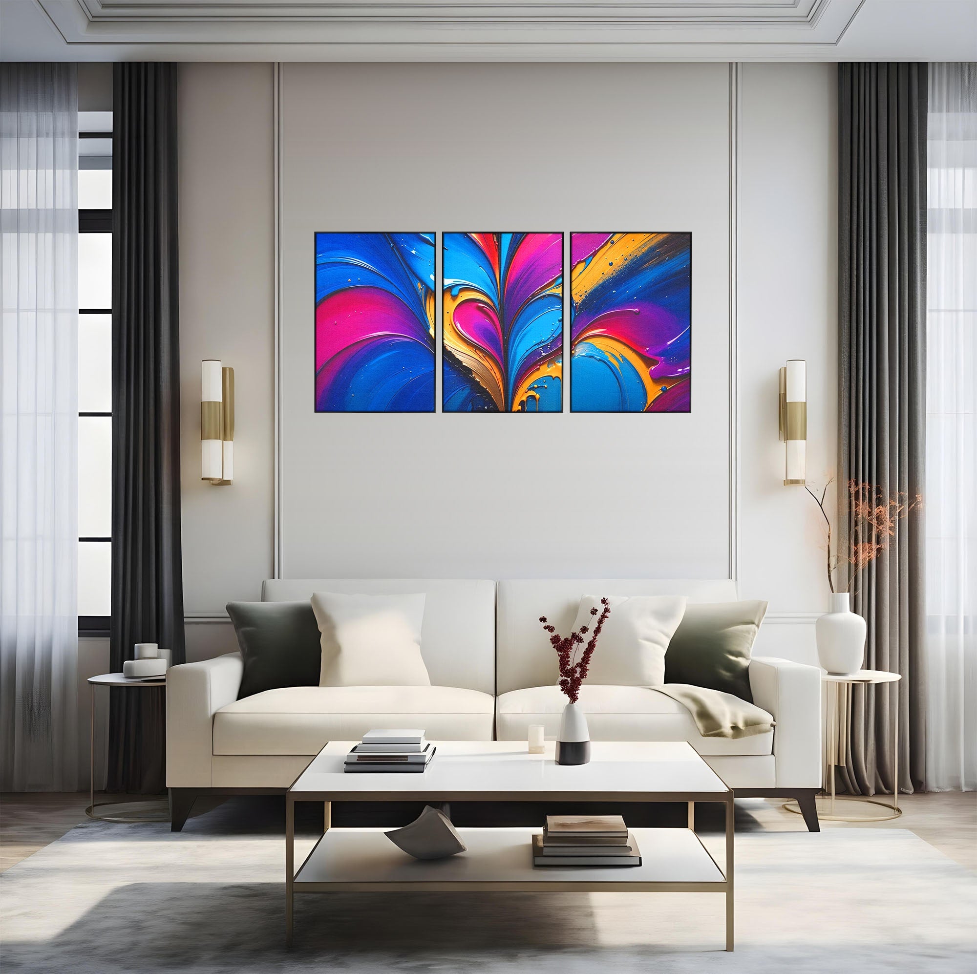 Set 3 Tablouri Canvas Premium LuxCanva® E3-1040, Aripile Vietii, Abstract, Fluid, Texturat, Aripi, Calm, Living Room, Culori vibrante