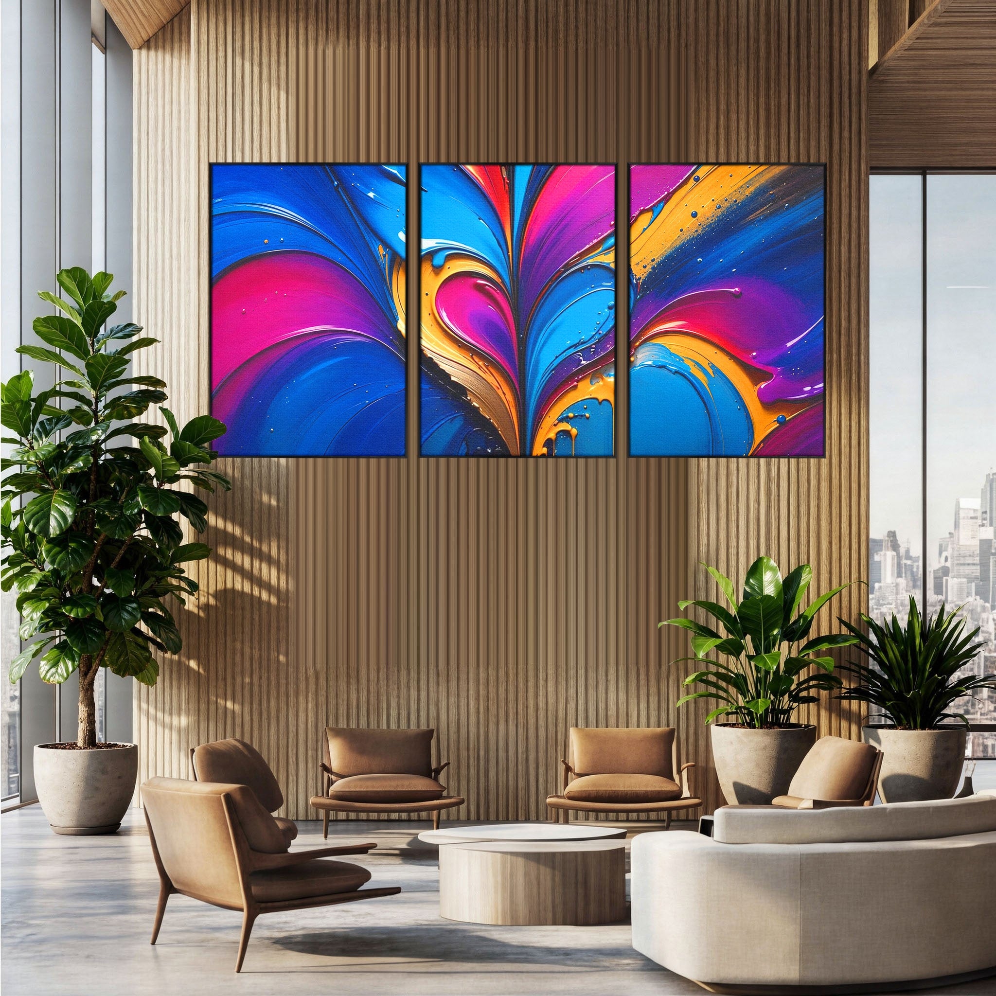 Set 3 Tablouri Canvas Premium LuxCanva® E3-1040, Aripile Vietii, Abstract, Fluid, Texturat, Aripi, Calm, Living Room, Culori vibrante