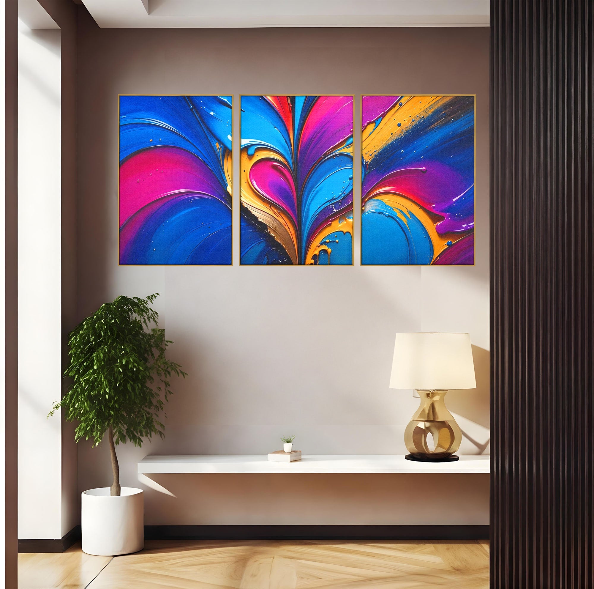 Set 3 Tablouri Canvas Premium LuxCanva® E3-1040, Aripile Vietii, Abstract, Fluid, Texturat, Aripi, Calm, Living Room, Culori vibrante