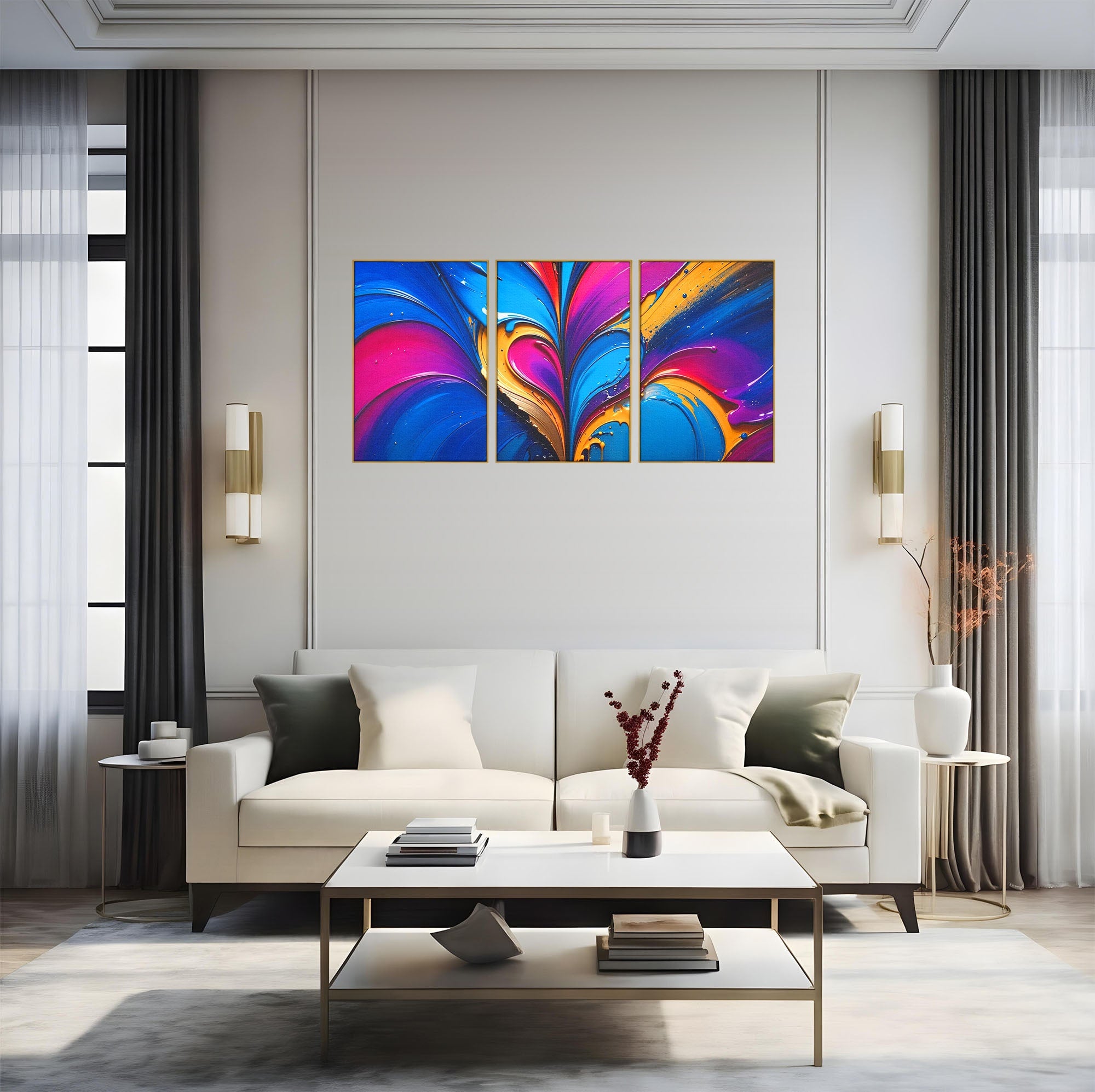 Set 3 Tablouri Canvas Premium LuxCanva® E3-1040, Aripile Vietii, Abstract, Fluid, Texturat, Aripi, Calm, Living Room, Culori vibrante