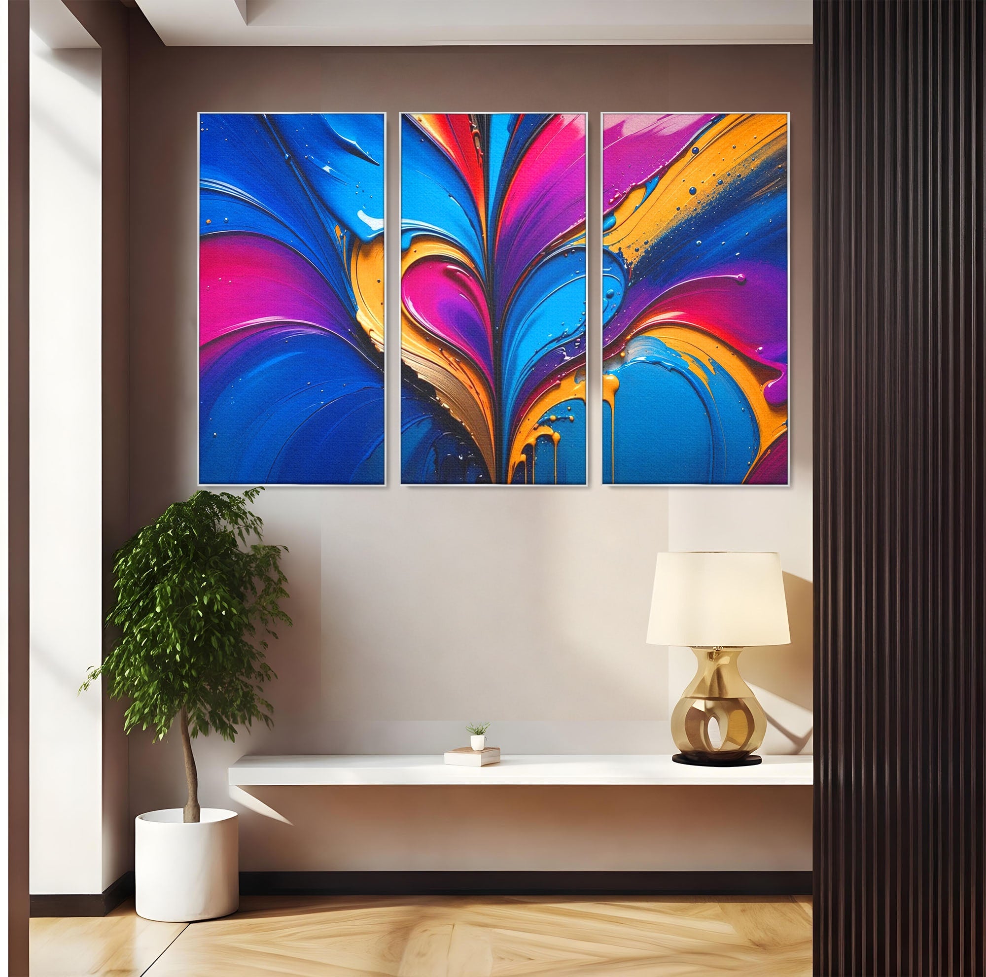 Set 3 Tablouri Canvas Premium LuxCanva® E3-1040, Aripile Vietii, Abstract, Fluid, Texturat, Aripi, Calm, Living Room, Culori vibrante