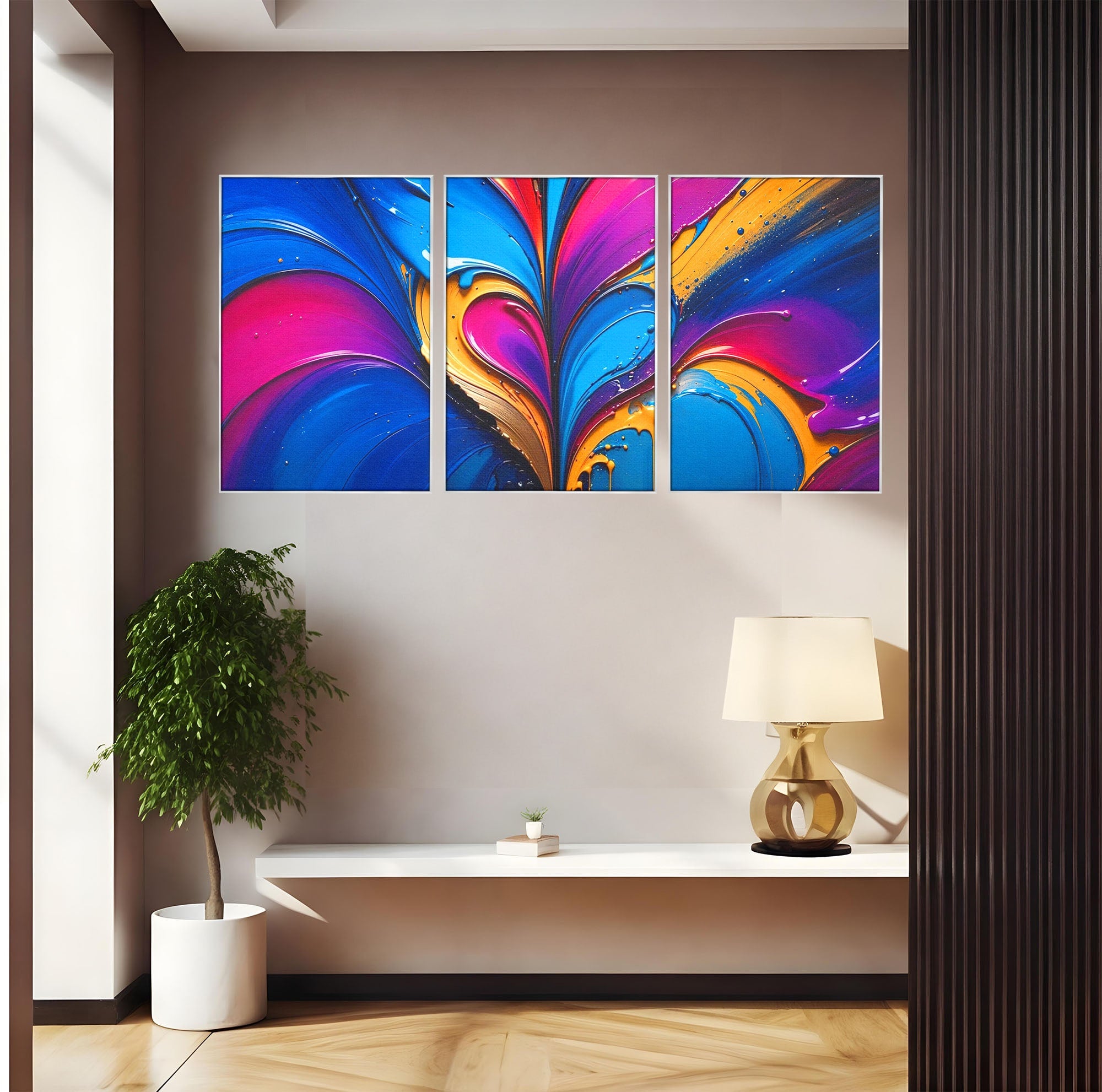 Set 3 Tablouri Canvas Premium LuxCanva® E3-1040, Aripile Vietii, Abstract, Fluid, Texturat, Aripi, Calm, Living Room, Culori vibrante
