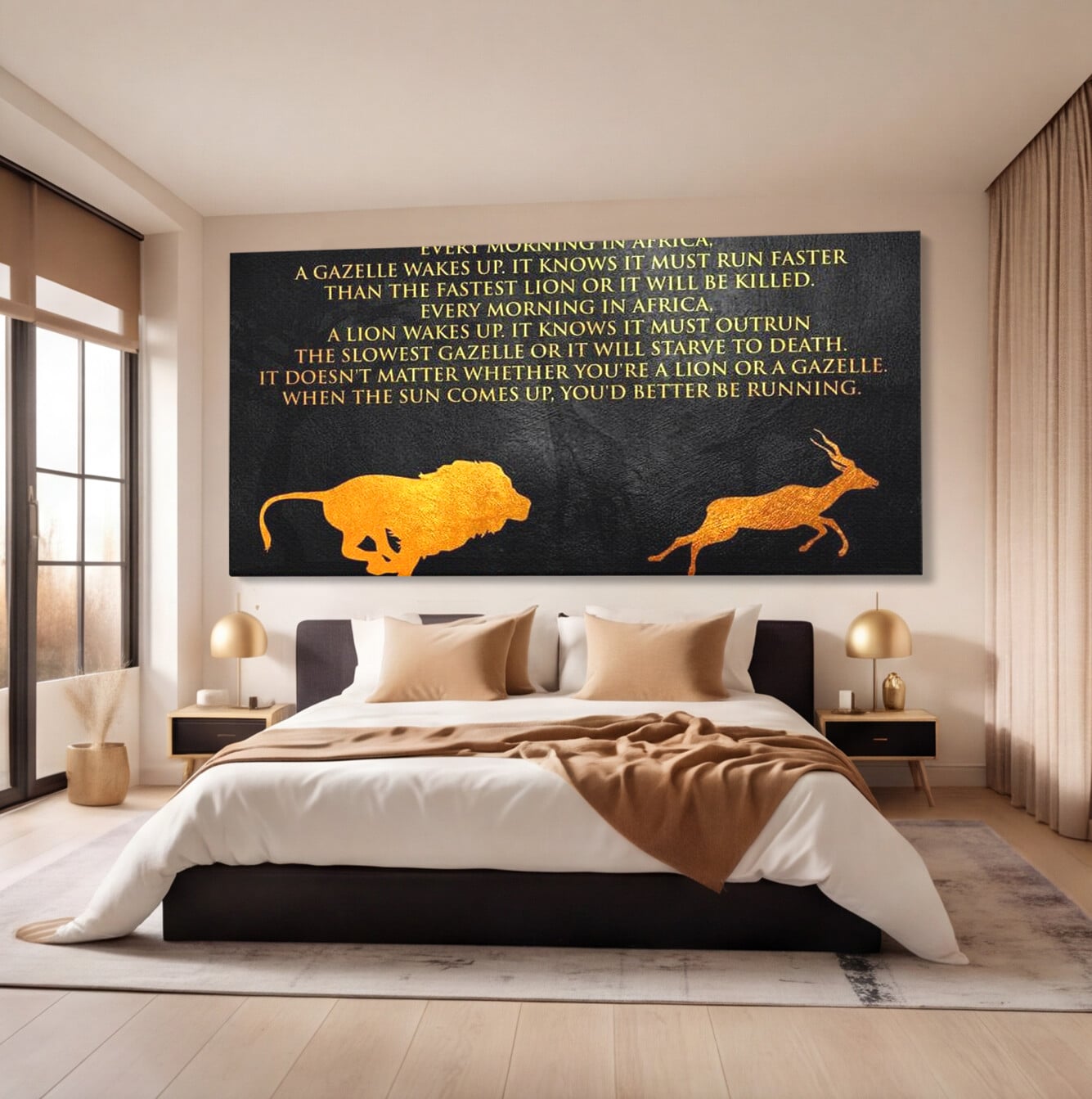 Tablou Canvas Premium LuxCanva® F1009, Instinctul Supravietuirii , Competitie, Viteza, Rezistenta, Lupta, Leu, Gazela, Living, Birou, Culori vibrante