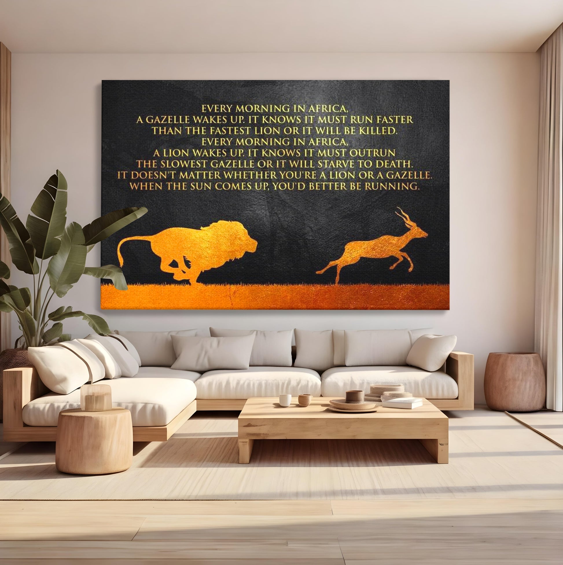 Tablou Canvas Premium LuxCanva® F1009, Instinctul Supravietuirii , Competitie, Viteza, Rezistenta, Lupta, Leu, Gazela, Living, Birou, Culori vibrante