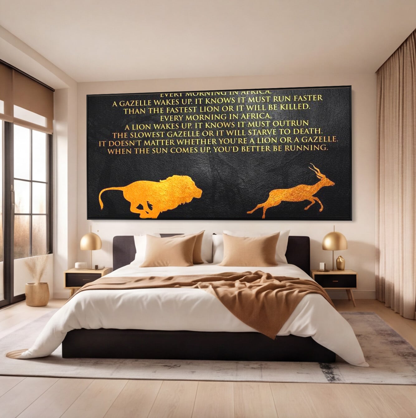 Tablou Canvas Premium LuxCanva® F1009, Instinctul Supravietuirii , Competitie, Viteza, Rezistenta, Lupta, Leu, Gazela, Living, Birou, Culori vibrante
