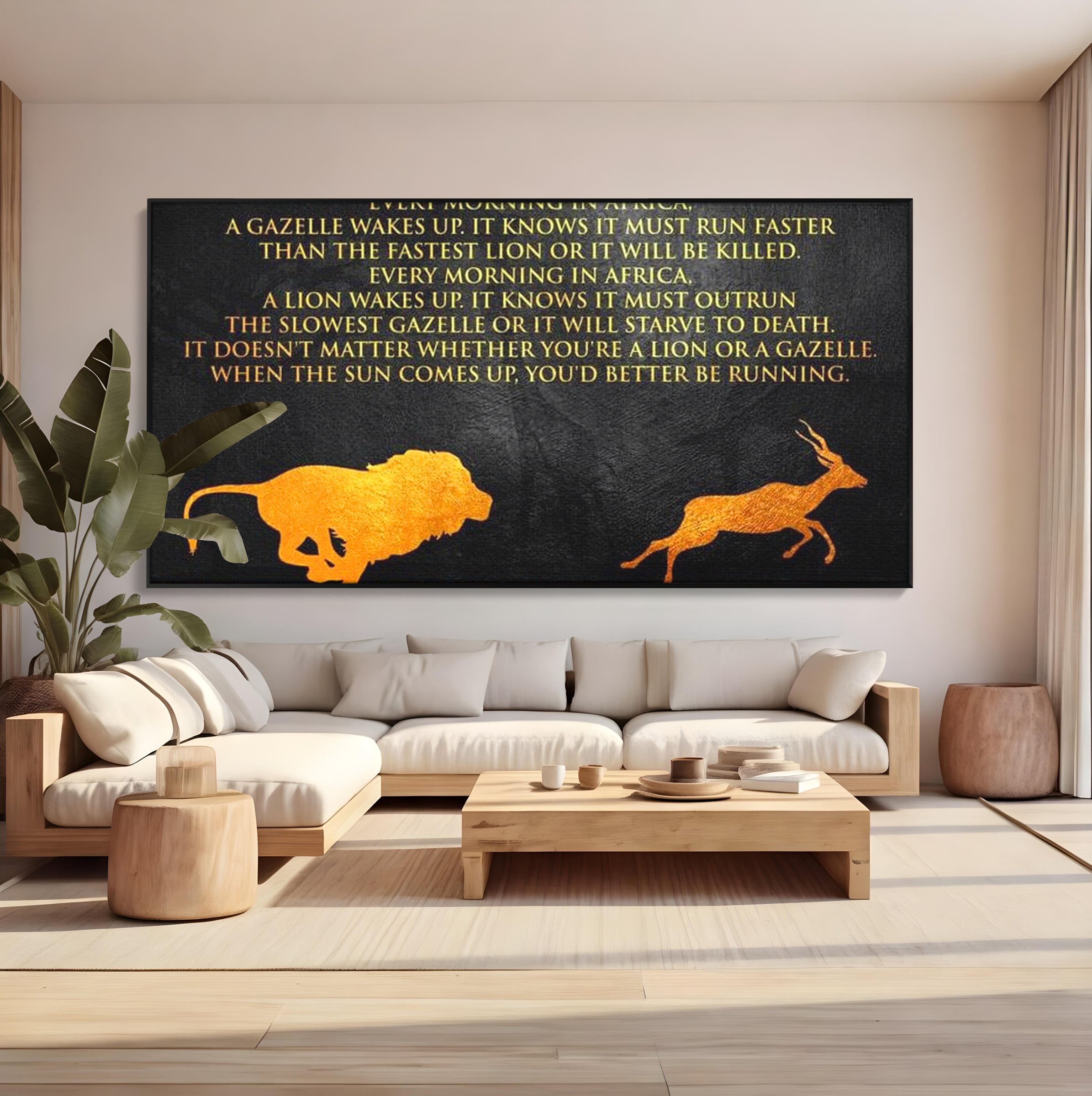 Tablou Canvas Premium LuxCanva® F1009, Instinctul Supravietuirii , Competitie, Viteza, Rezistenta, Lupta, Leu, Gazela, Living, Birou, Culori vibrante