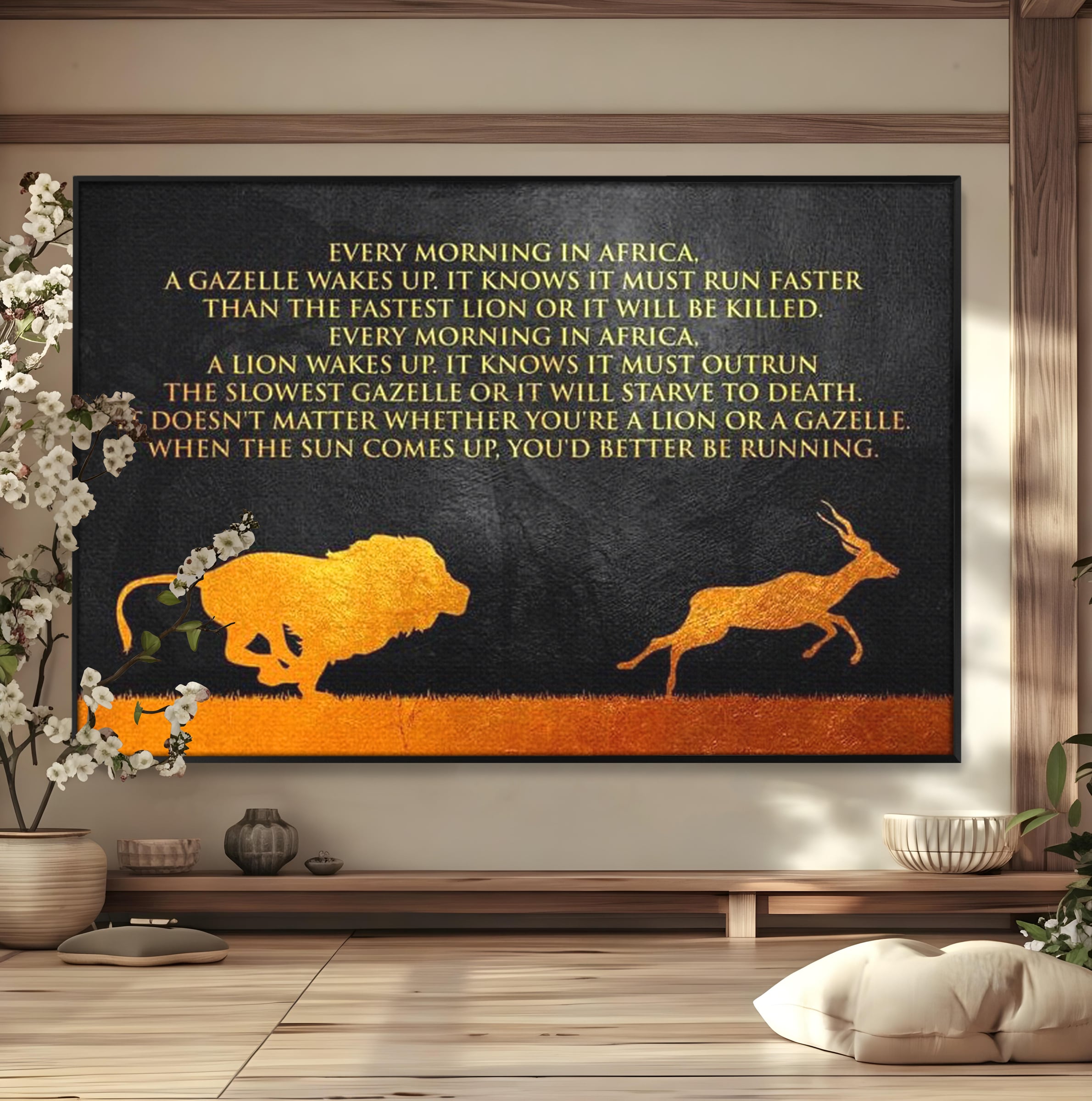 Tablou Canvas Premium LuxCanva® F1009, Instinctul Supravietuirii , Competitie, Viteza, Rezistenta, Lupta, Leu, Gazela, Living, Birou, Culori vibrante