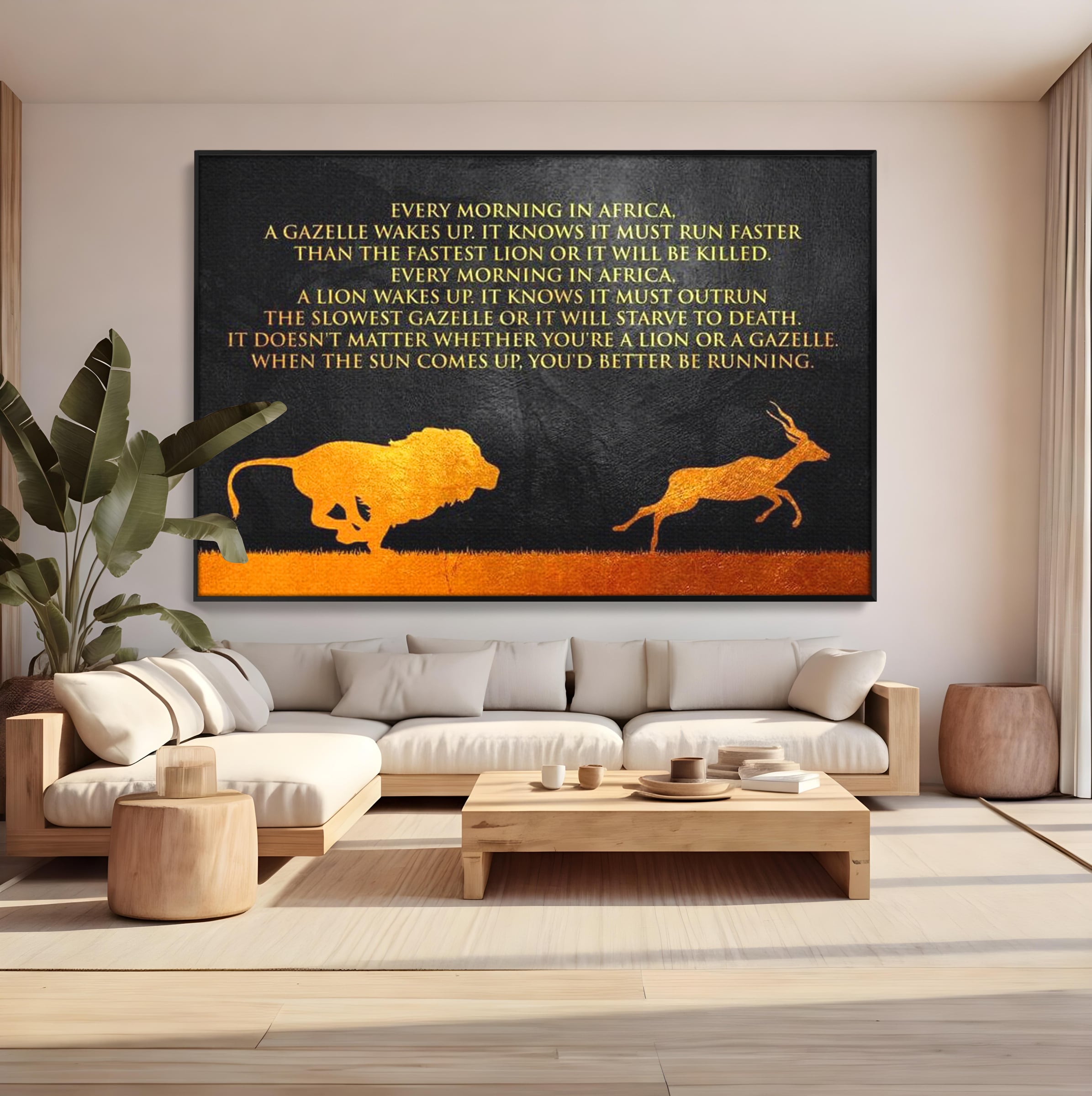 Tablou Canvas Premium LuxCanva® F1009, Instinctul Supravietuirii , Competitie, Viteza, Rezistenta, Lupta, Leu, Gazela, Living, Birou, Culori vibrante