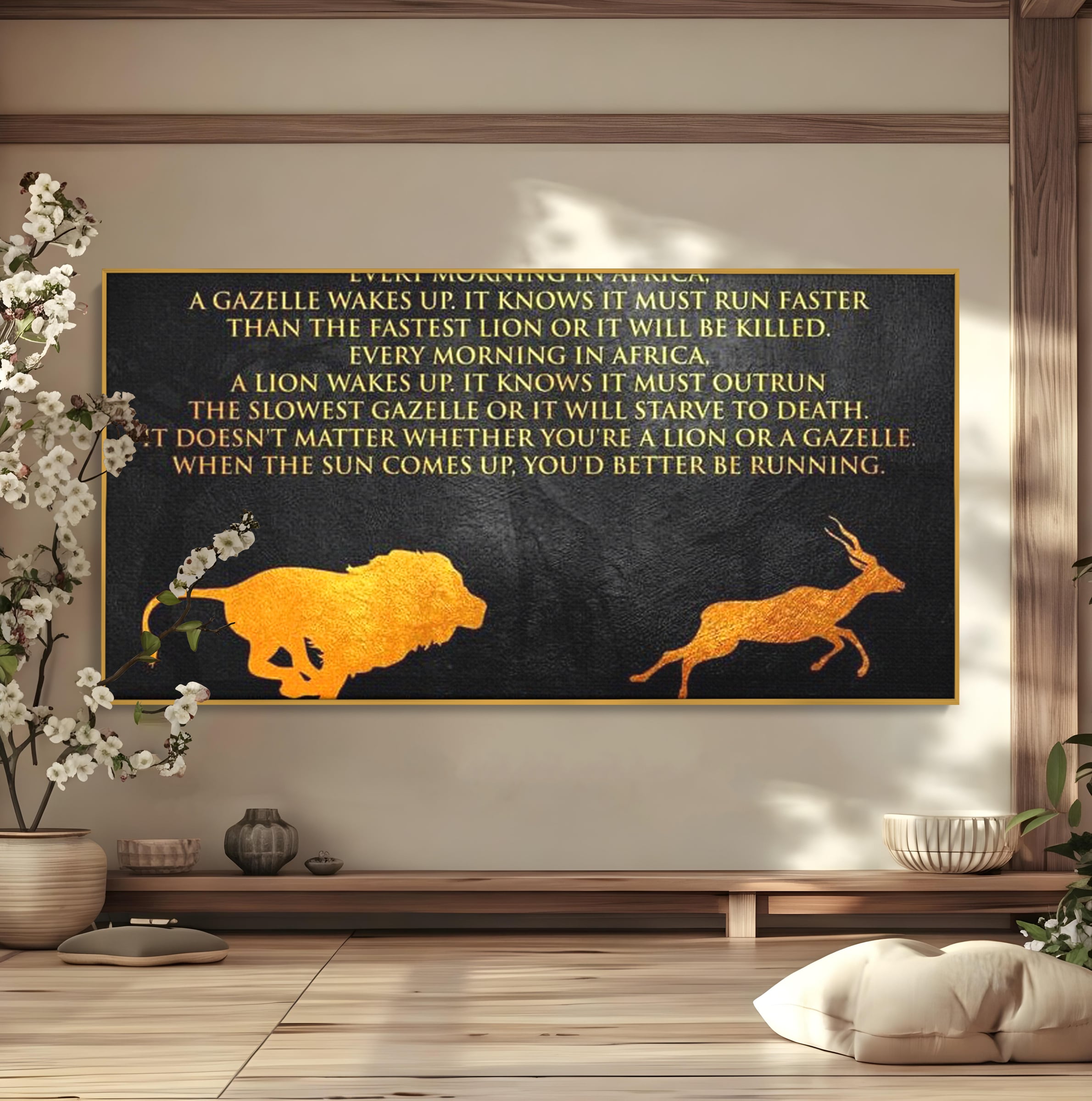 Tablou Canvas Premium LuxCanva® F1009, Instinctul Supravietuirii , Competitie, Viteza, Rezistenta, Lupta, Leu, Gazela, Living, Birou, Culori vibrante