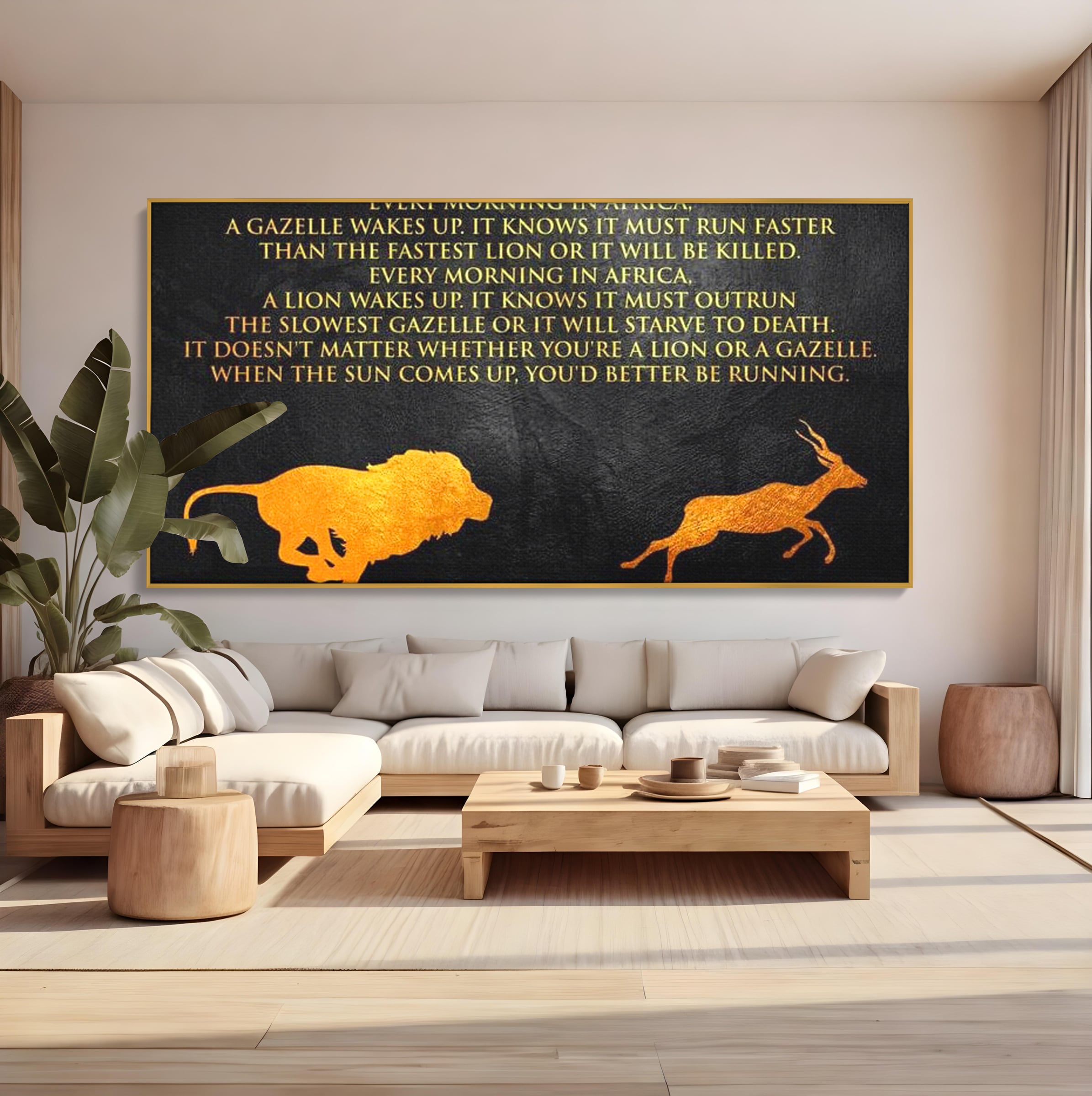 Tablou Canvas Premium LuxCanva® F1009, Instinctul Supravietuirii , Competitie, Viteza, Rezistenta, Lupta, Leu, Gazela, Living, Birou, Culori vibrante