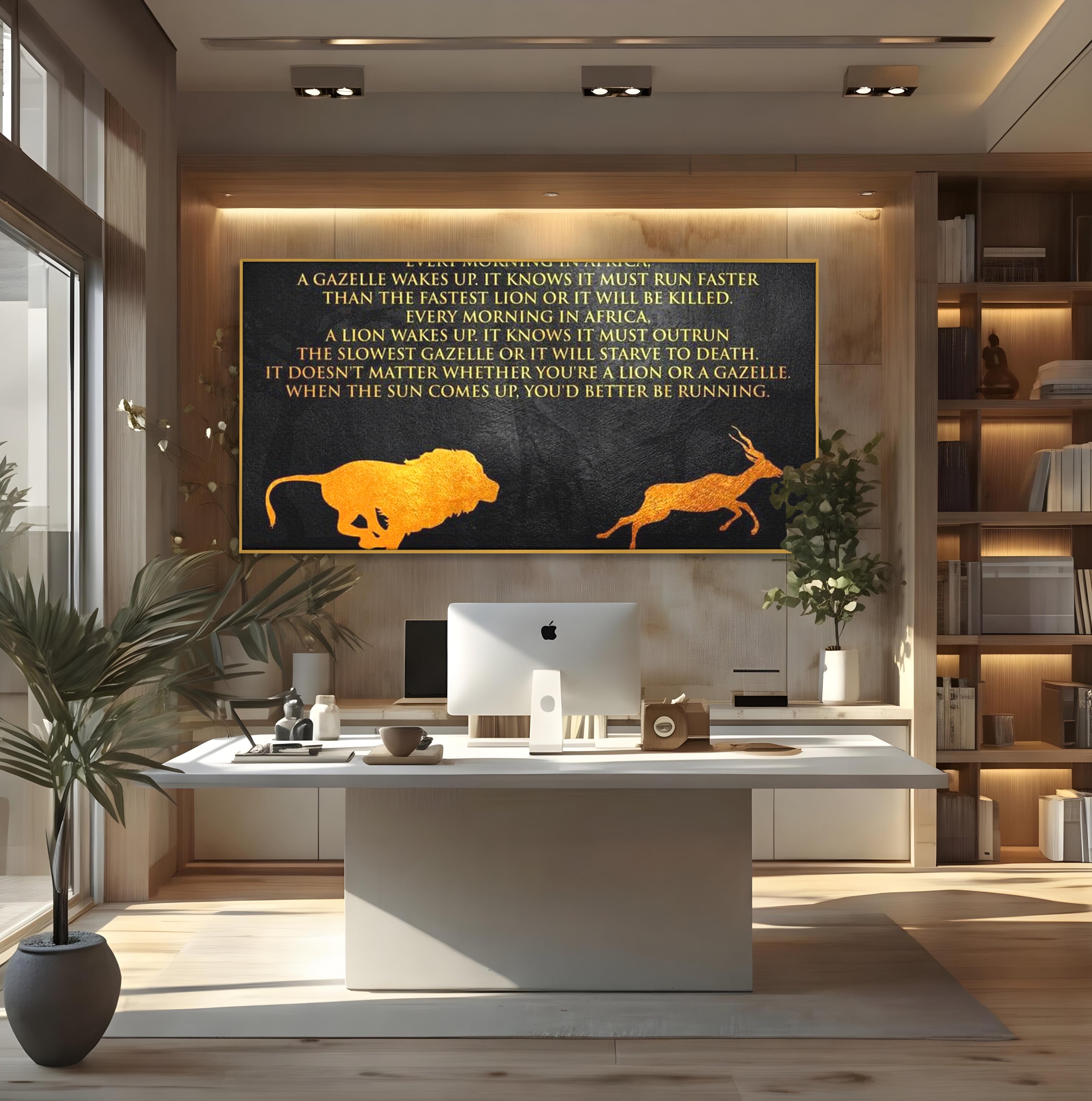 Tablou Canvas Premium LuxCanva® F1009, Instinctul Supravietuirii , Competitie, Viteza, Rezistenta, Lupta, Leu, Gazela, Living, Birou, Culori vibrante