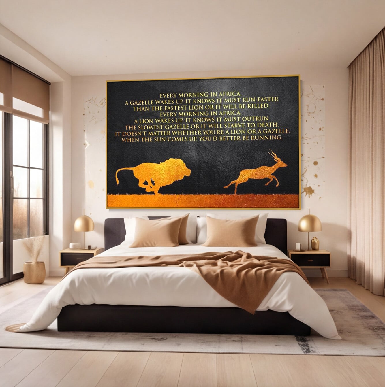 Tablou Canvas Premium LuxCanva® F1009, Instinctul Supravietuirii , Competitie, Viteza, Rezistenta, Lupta, Leu, Gazela, Living, Birou, Culori vibrante