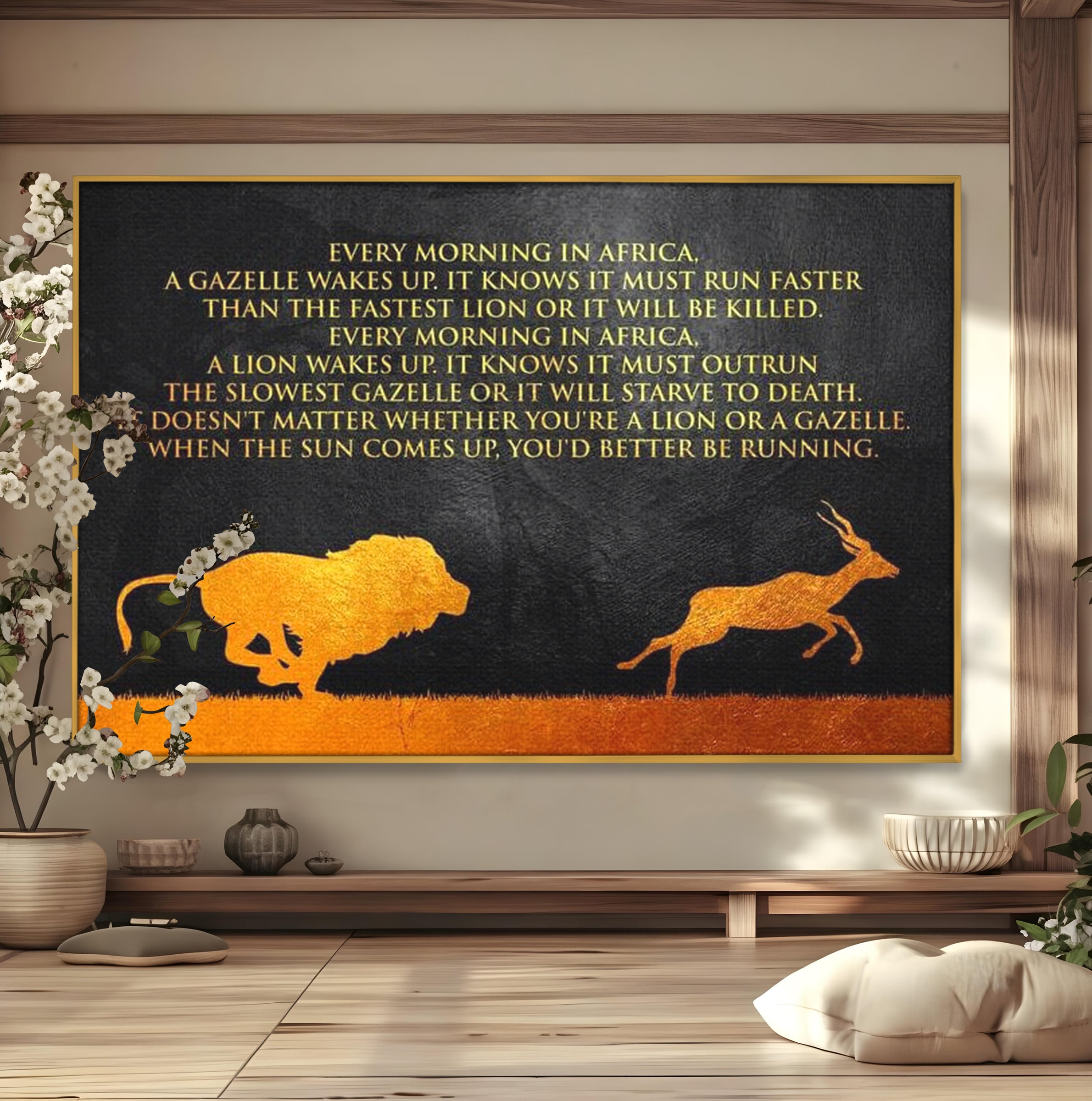 Tablou Canvas Premium LuxCanva® F1009, Instinctul Supravietuirii , Competitie, Viteza, Rezistenta, Lupta, Leu, Gazela, Living, Birou, Culori vibrante